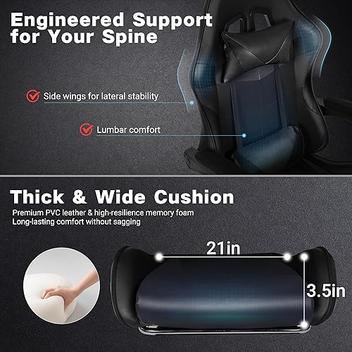 Miniatura 7 de Silla de juegos, silla ergonómica para computadora con reposapiés y soporte lumbar, silla de oficina ajustable en altura con asiento giratorio de