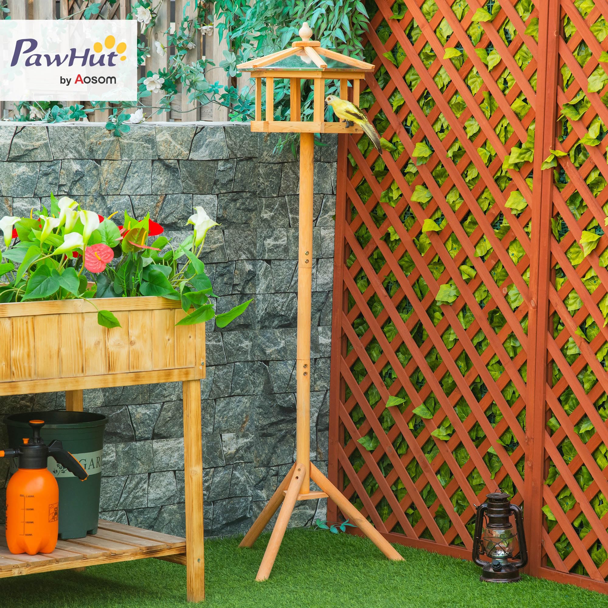 PawHut Portable Wooden Bird Feeder Station with Stand for Garden, Patio or Balcony
