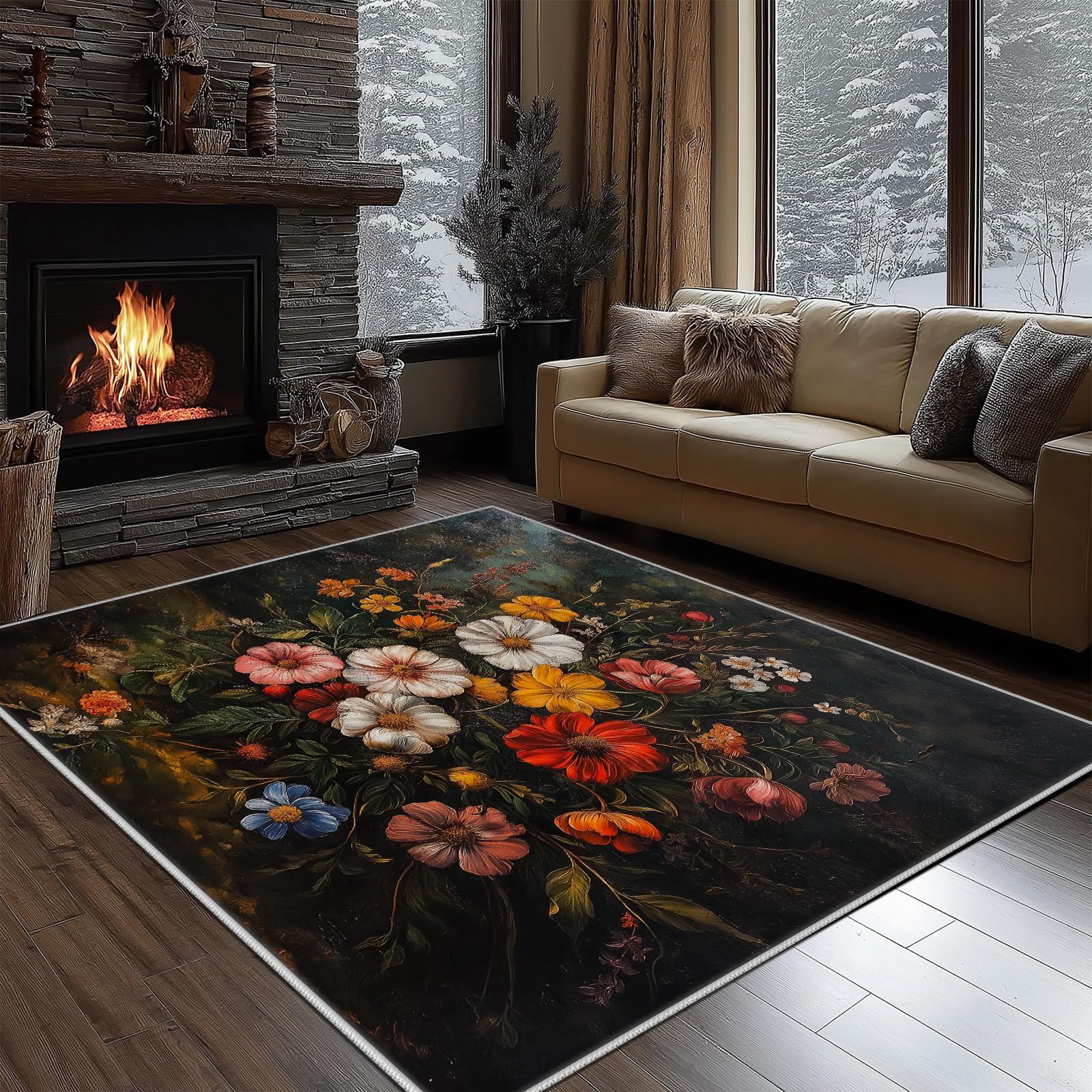 Tapis Salon Fleur Botanique Rustique 160x230 Moelleux Chambre