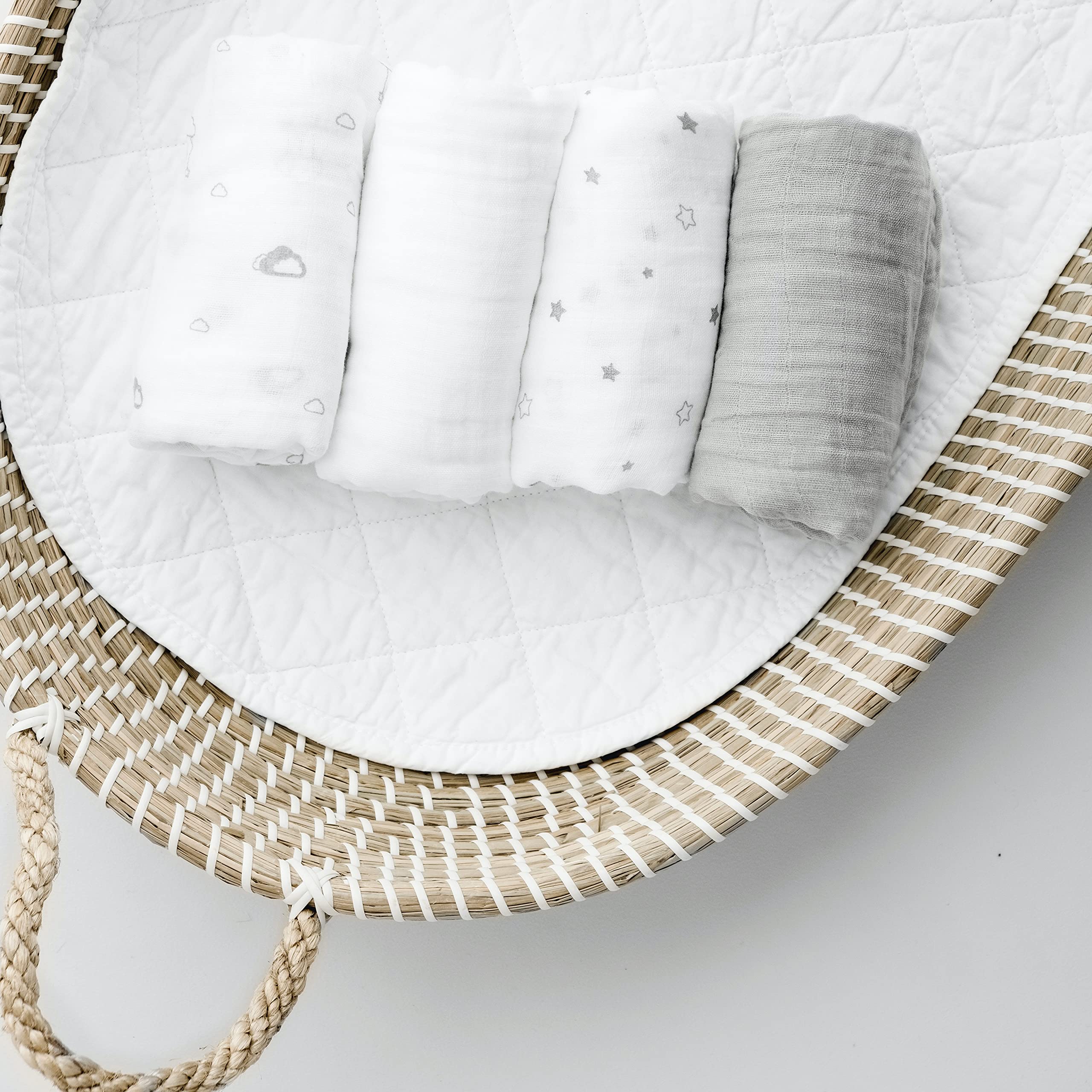 Little Seeds® Baby Muslin Blankets – 100% Organic Cotton, Soft & Breathable, 70 x 70cm (Pack of 4) – White, Grey, Stars & Clouds – Newborn Essentials