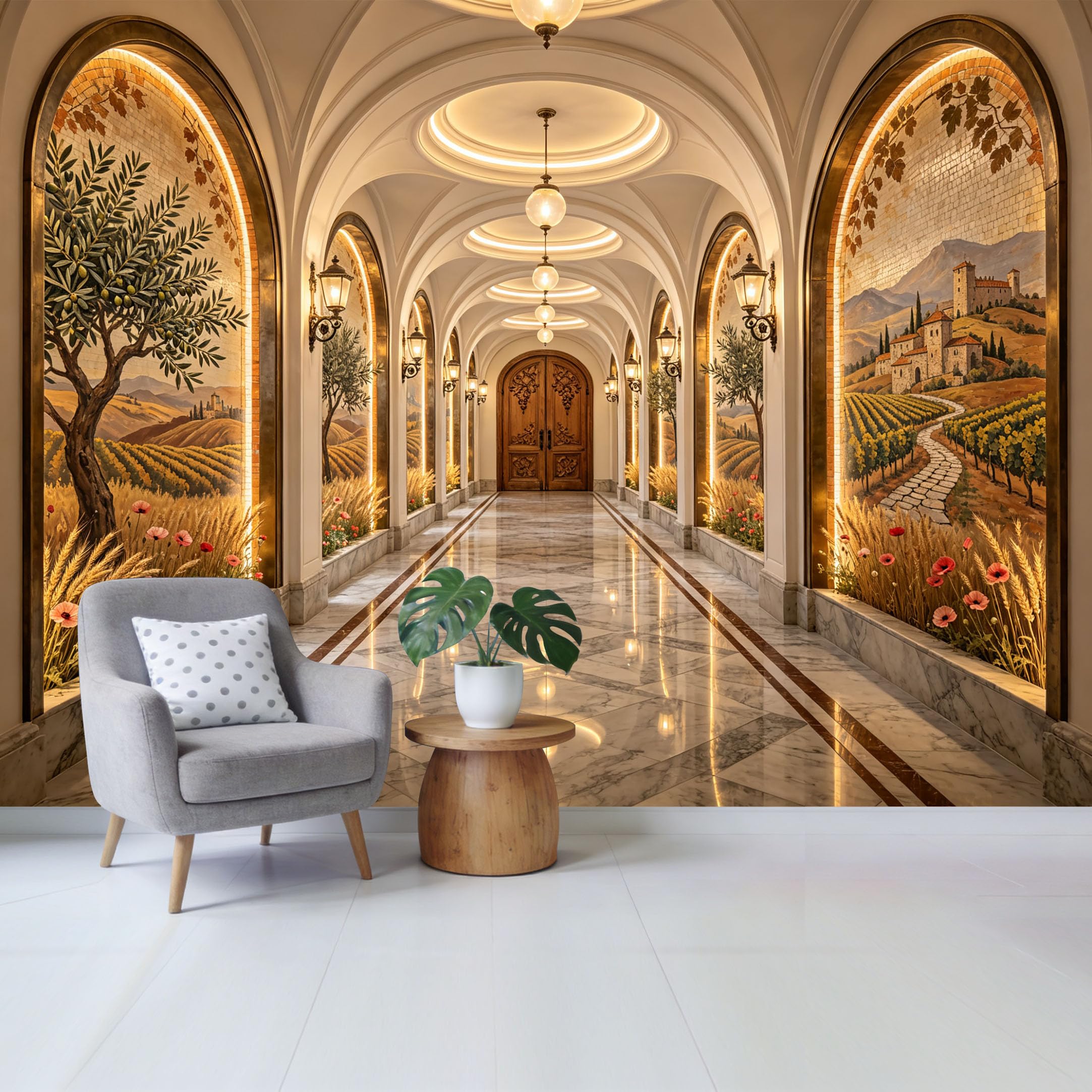 Removable Self Adhesive Fabric Mural， Tuscan Landscape Vineyard Custom Size Wall Covering， UV Protected Waterproof Washable Wall Decor for Living Room Bedroom Bathroom