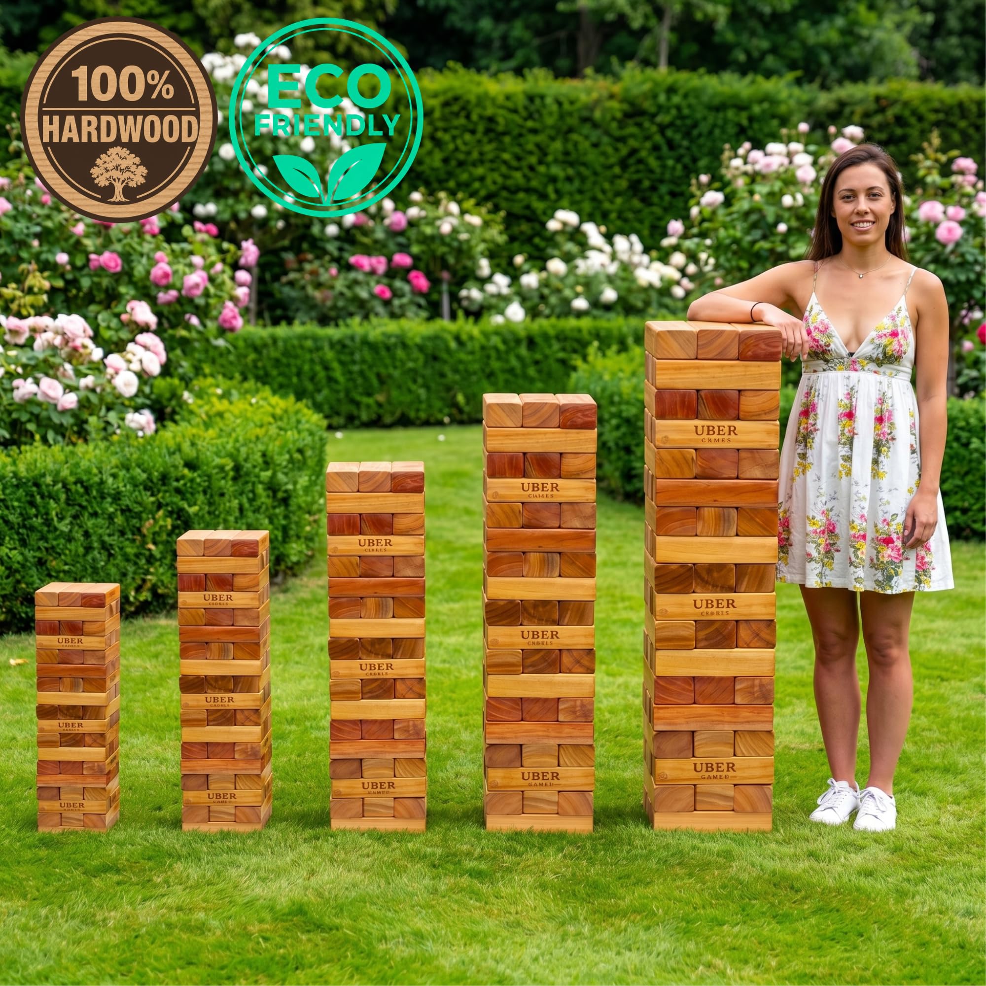 Uber Games Riesen Wackelturm XXL Spiel - 30kg bis 150 cm Groß - India ökologisch Hartholz - Handgefertigt in Ultra Luxus Tasche