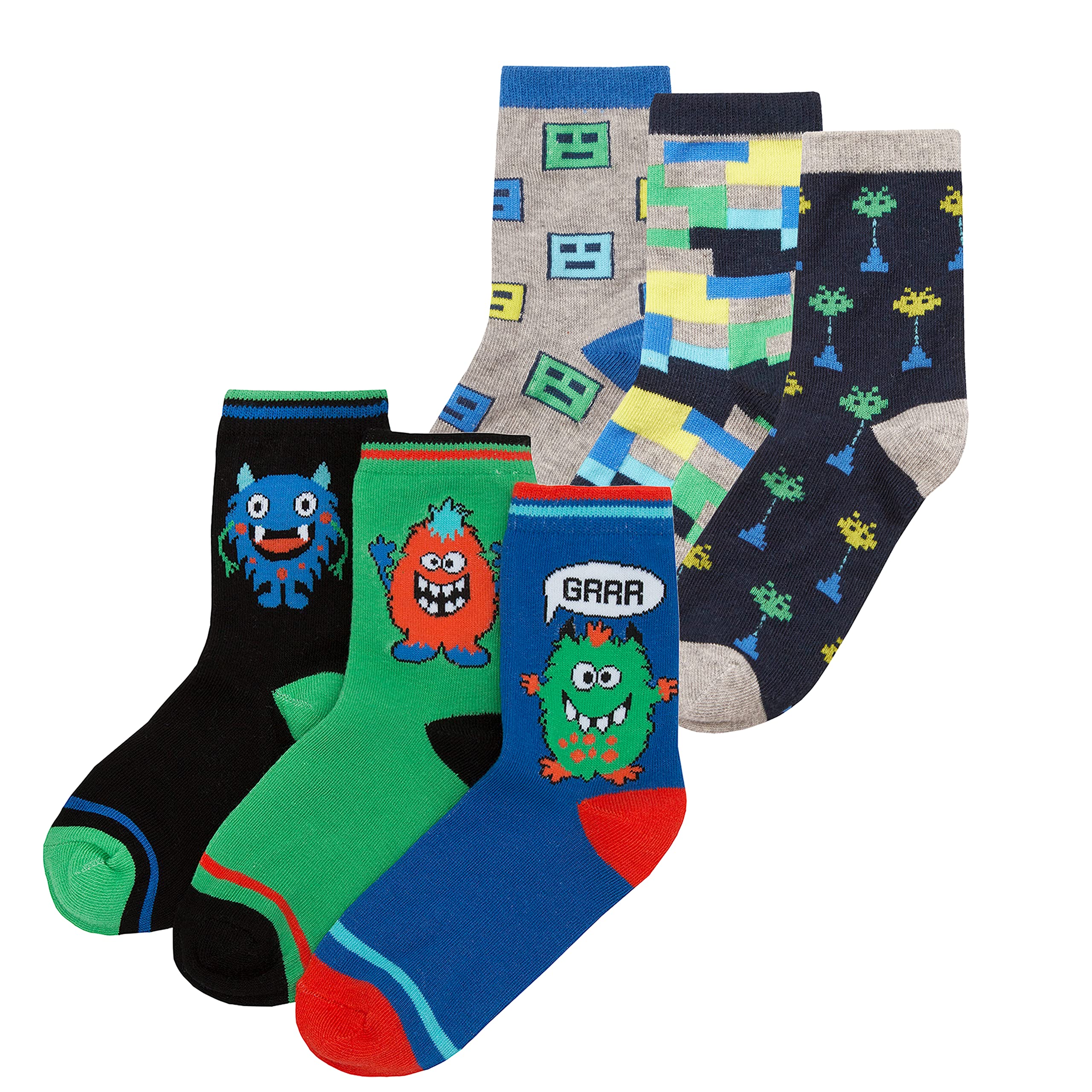Metzuyan Kids Boys Cotton Rich Novelty Socks Invaders Monsters 9-12