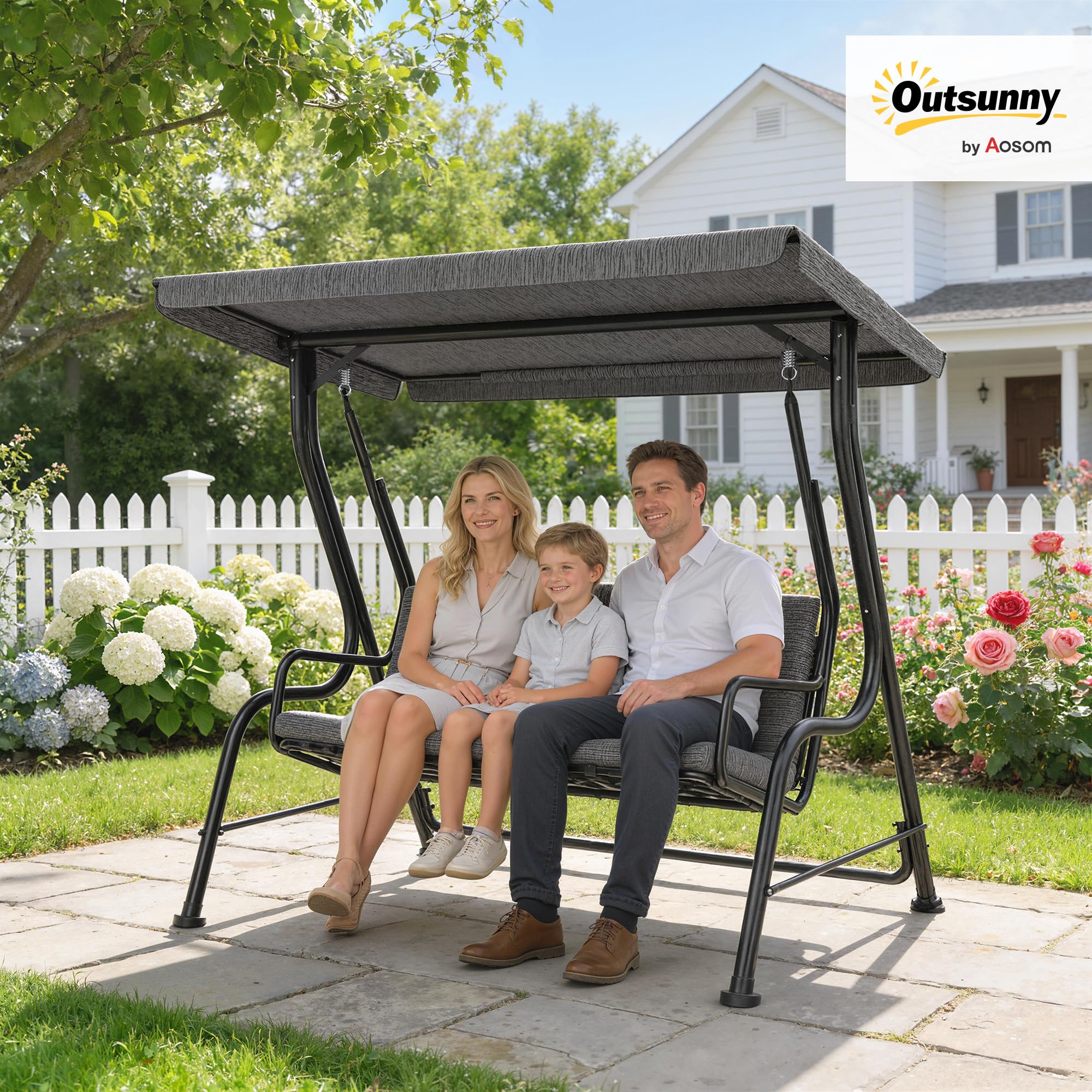 Outsunny Hollywoodschaukel 3-Sitzer Gartenschaukel 200 x 120 x 170 cm Grau | Verstellbares Sonnendach, Texteline