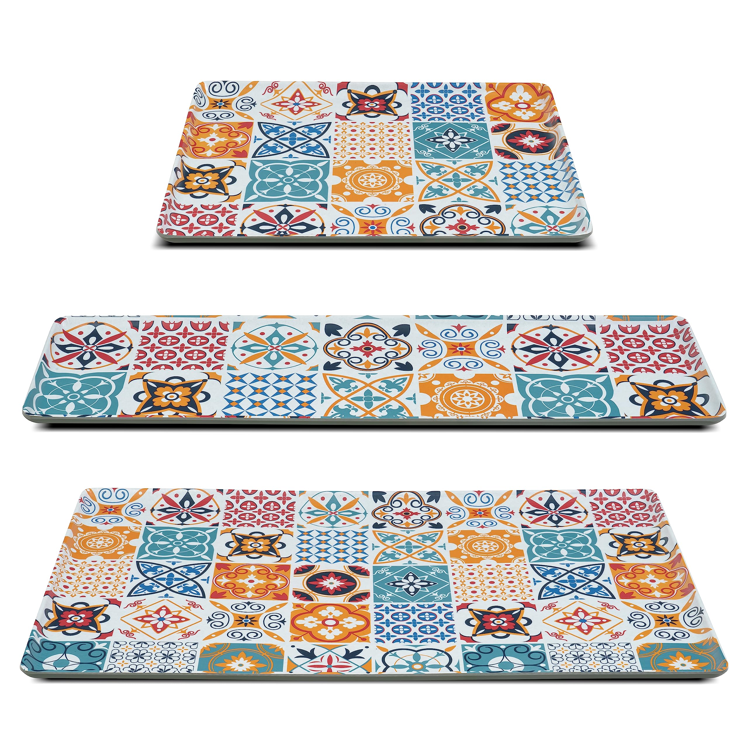 MBH - Set di 3 vassoi per servire cibo per la presentazione di alimenti in tavola. Set di vassoi in melamina con design idraulico colorato ispirato al Mediterraneo.