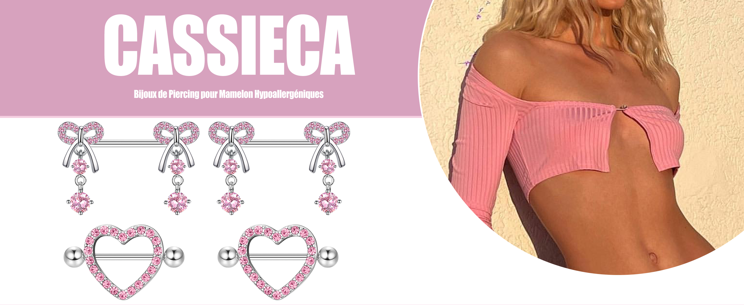 CASSIECA 6 Paires Piercings Tétons Femme 14G - Acier Chirurgical Coeur CZ Papillon Barbell Rose Argent