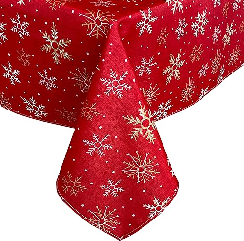 Miniatura 4 de Mantel navideño de tela de copo de nieve rojo con diseño de copos de nieve, color rojo, dorado y blanco, 60 x 84 pulgadas, rectangular, rectangular
