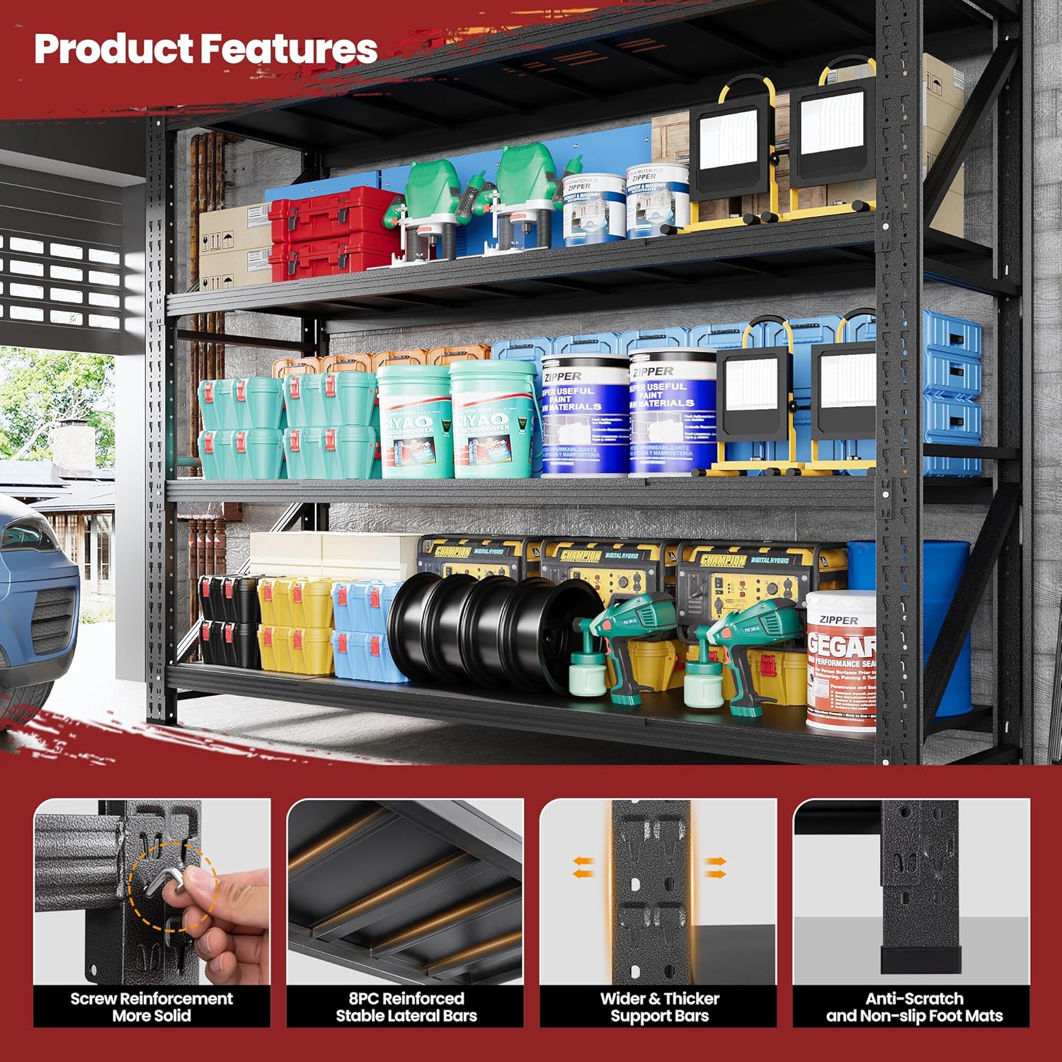 79" Wide Storage Shelves, 7000LBS Garage Shelving Heavy Duty, Standing Shelf Units, 4 Tier Metal Adjustable Storage Shelving Rack for Shop Warehouse Basement, 79'' W x 24''D x 79'' H
