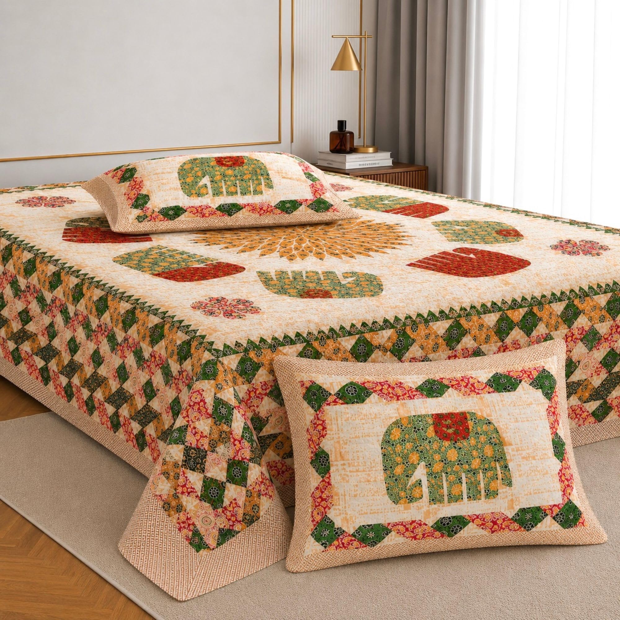 Jaipur Weaves 144 TC Bedsheet King Size 100% Pure Cotton Bed Sheet with 2 Pillow Covers, Jaipuri Soft Cozy Bedsheets Set,108x108 inches/ 9ftx9ft (Royal Elephants Green, Super King)-image-7