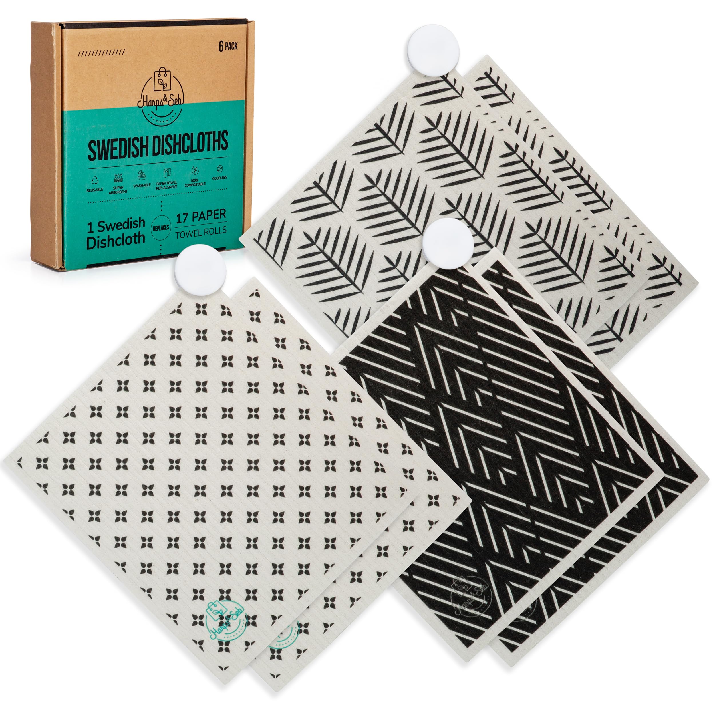 Harps&Seb Swedish Dishcloths for Kitchen Dishcloths - 6 Pack, Reusable Paper Towels with Clips, Super Absorbent Washable Non-Scratch Swedish Dish