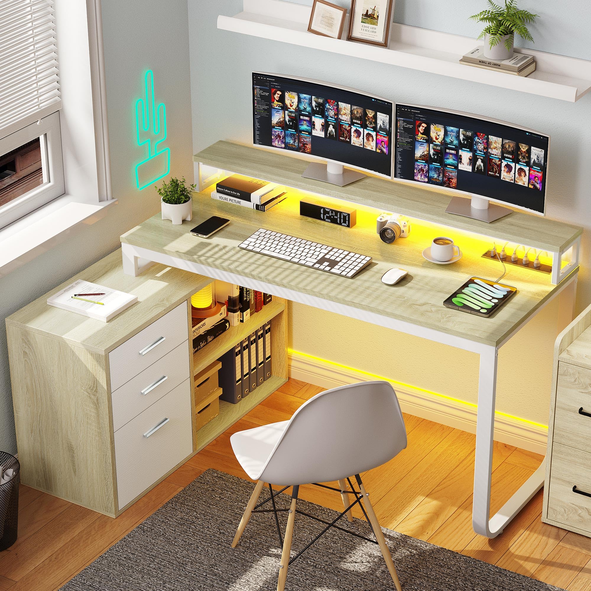 YITAHOME L Shaped Desk with Power Outlets & LED Lights & File Cabinet, 55 Inch Large Computer Desk Corner Desk with 3 Drawers & Storage Shelves, Home Office Desk with Monitor Stand, Oak & White