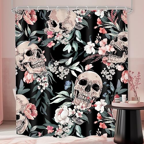 Miniatura 35 de Cortina de ducha con diseño de calavera negra y morado, de 60 pulgadas de ancho x 72 pulgadas de alto, esqueleto gótico gótico, polilla cruzada, C