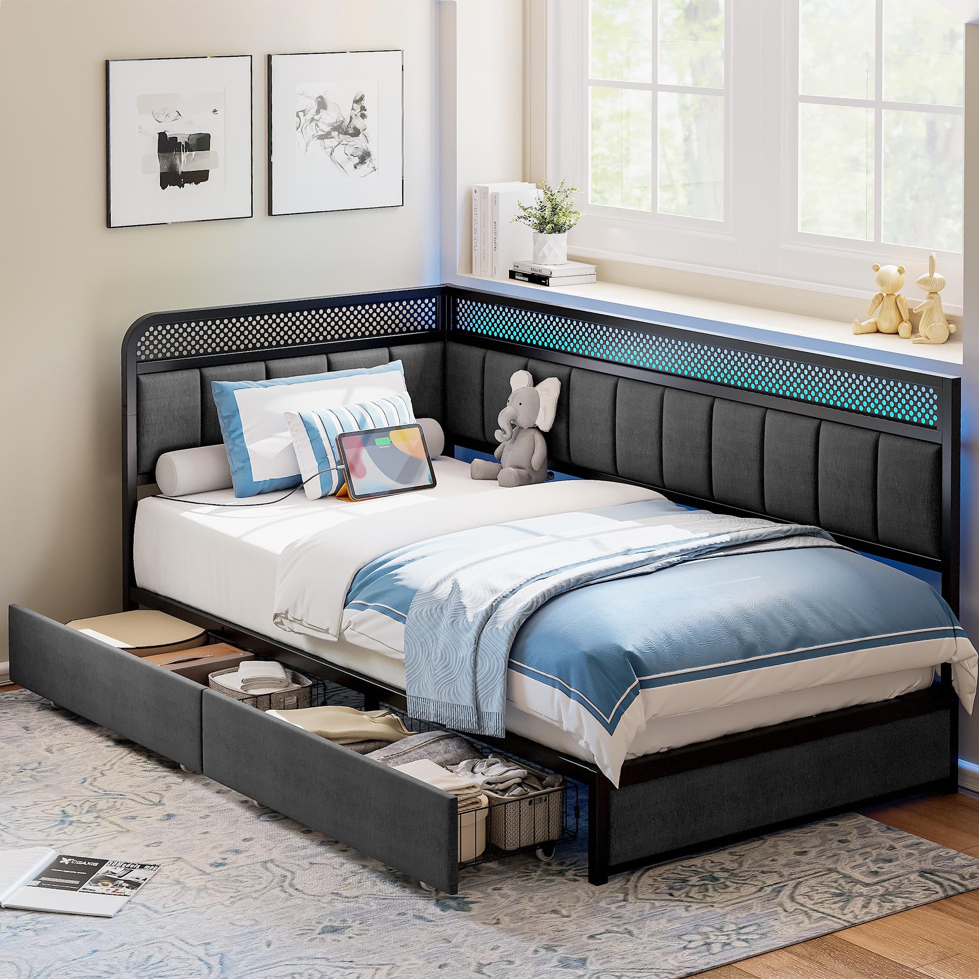 Amazon.com: LIKIMIO Twin Corner Bed Frame with Storage Drawers and