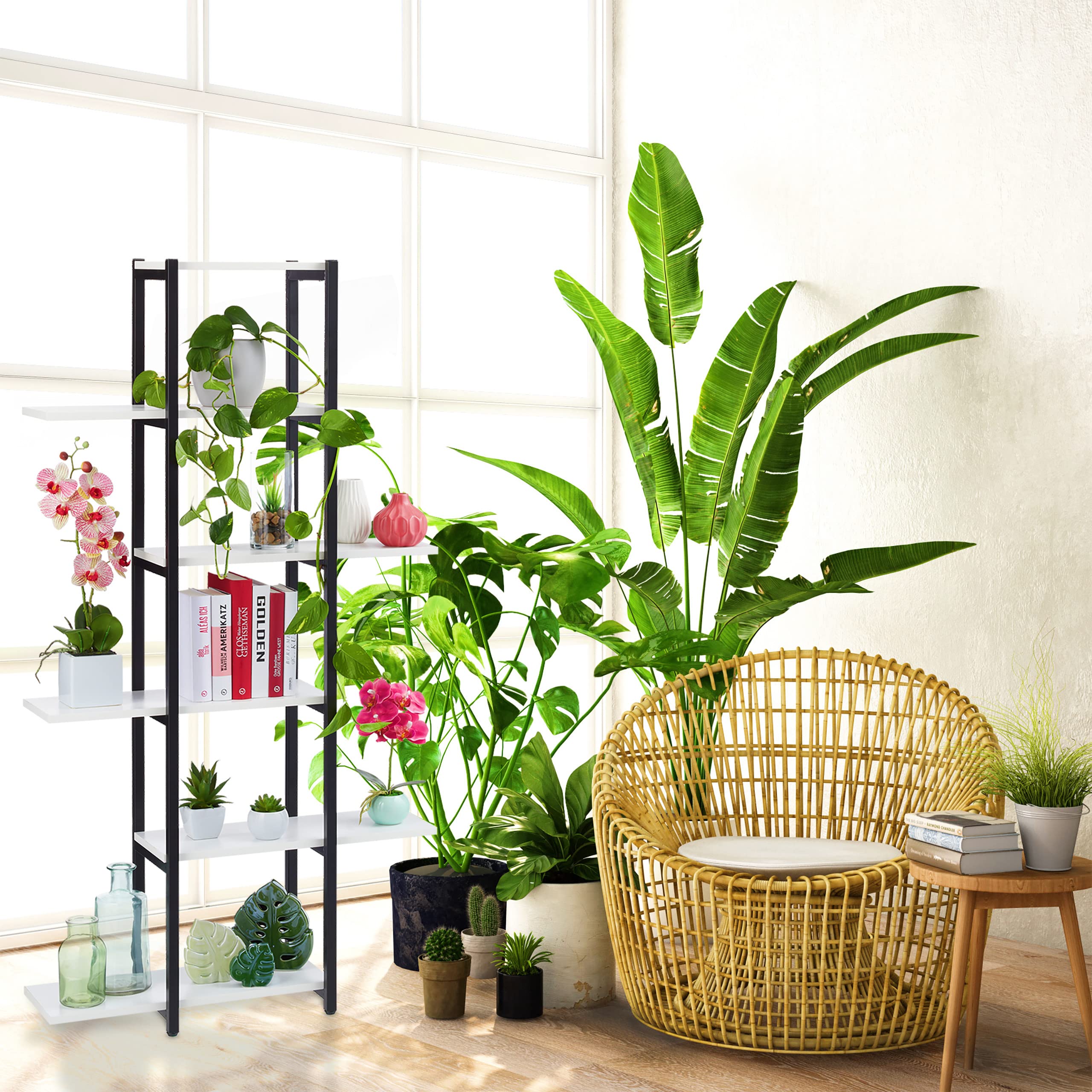 Relaxdays Étagère à Plantes, escalier Fleurs, 6 Niveaux, HLP 150 x 78 x 24 cm, Acier MDF, Support intérieur, Noir
