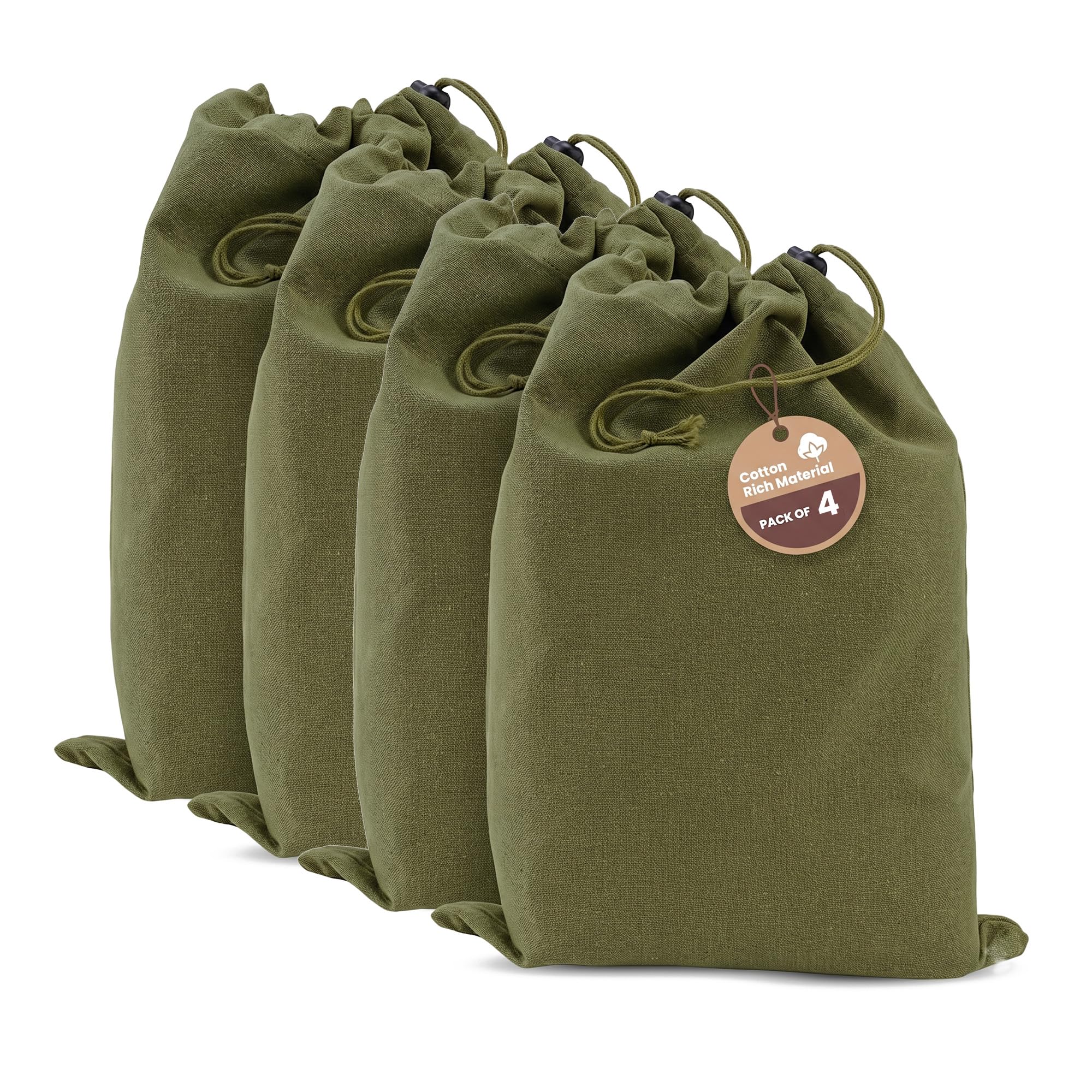 LFH Cotton Rich Shoe Storage Bags with Drawstring, Breathable Dustproof Reusable Shoe Organizer for Travel, Gym, Dorm, Hotel, Machine Washable Easy Carry 12"x17" (Pack of 4), Military Green