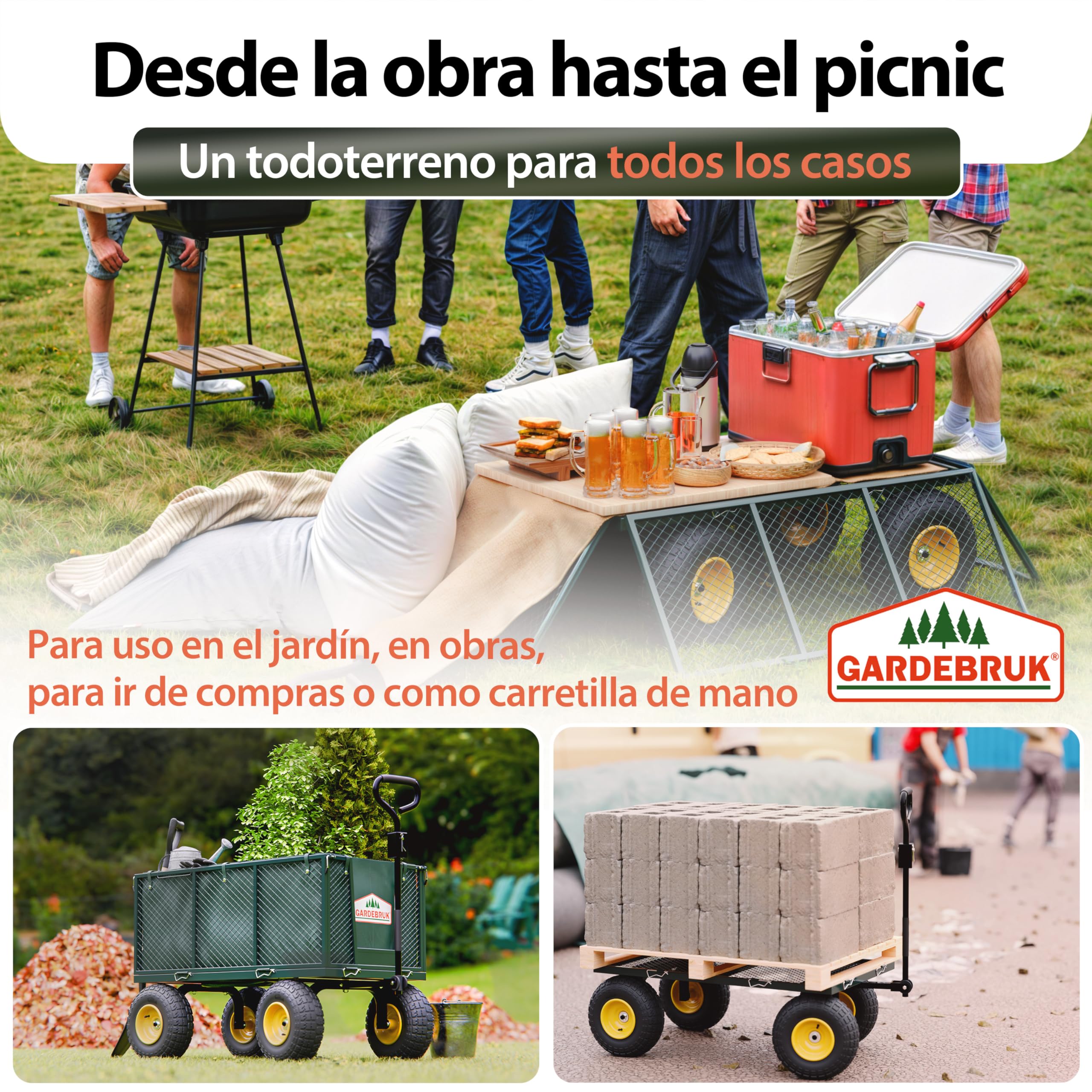 Gardebruk® Carro de Mano Jardín Capacidad Carga 550kg Plegable Lona Extraíble Laterales Desmontables 4 Ruedas Asa Antideslizante Carrito Transporte Obra