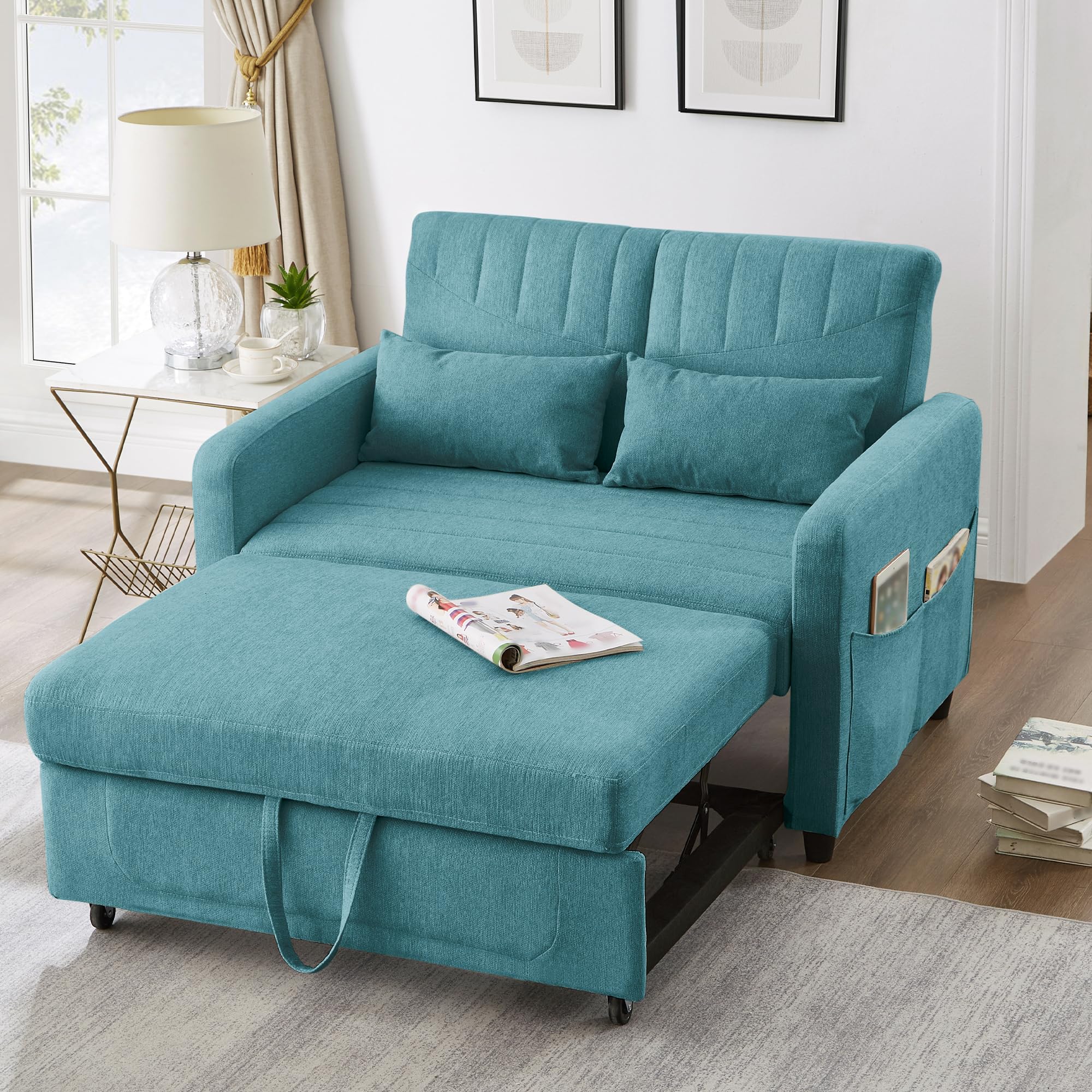 Divano pieghevole a due posti, design allungabile, semplice e moderno, stile contemporaneo, schienale regolabile in tre livelli, tessuto in cotone e lino traspirante (blu)