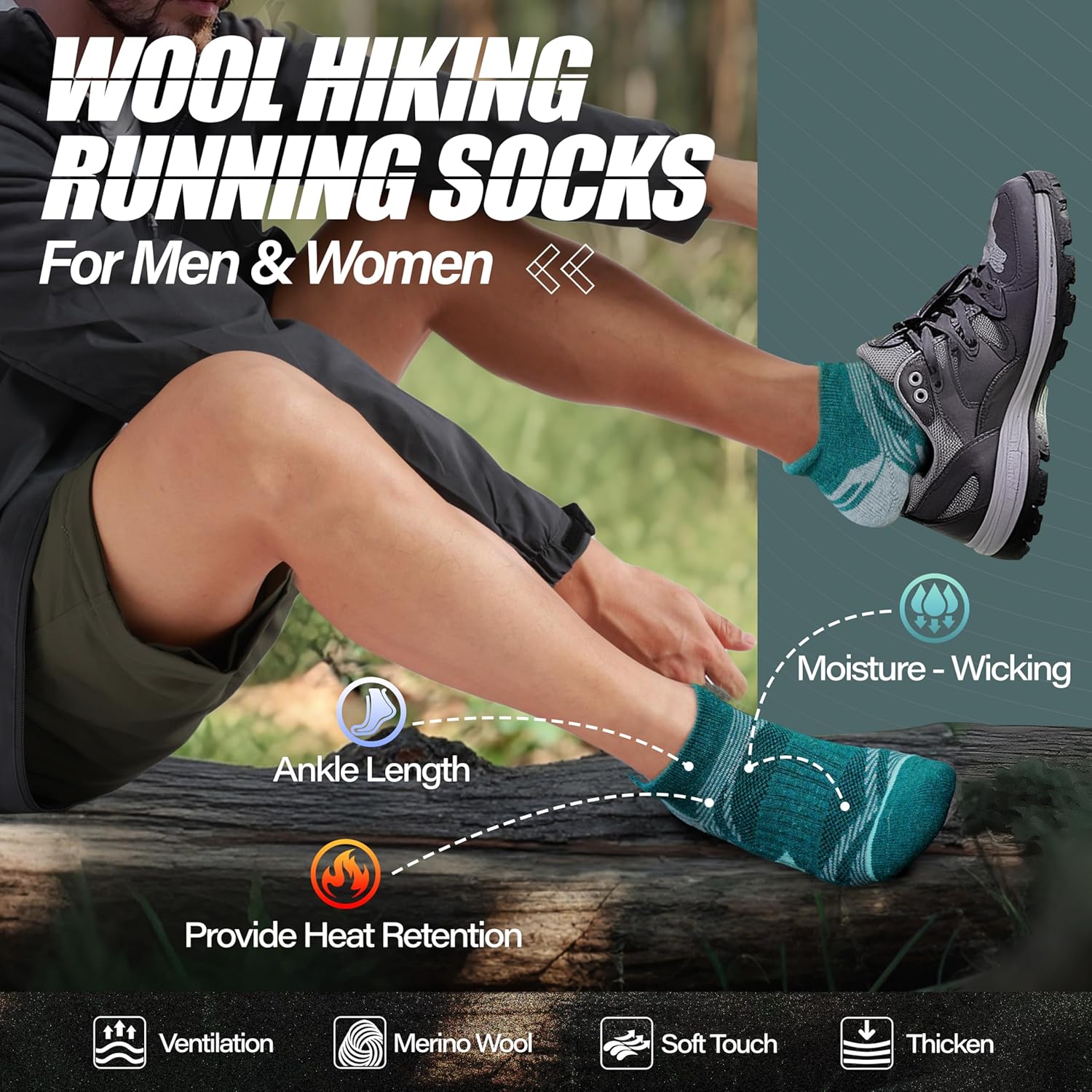 ANTSANG 6 Pairs Merino Wool Ankle Hiking Running Socks Compression Thick Cushion Breathable No Show Socks for Men Women - Image 2