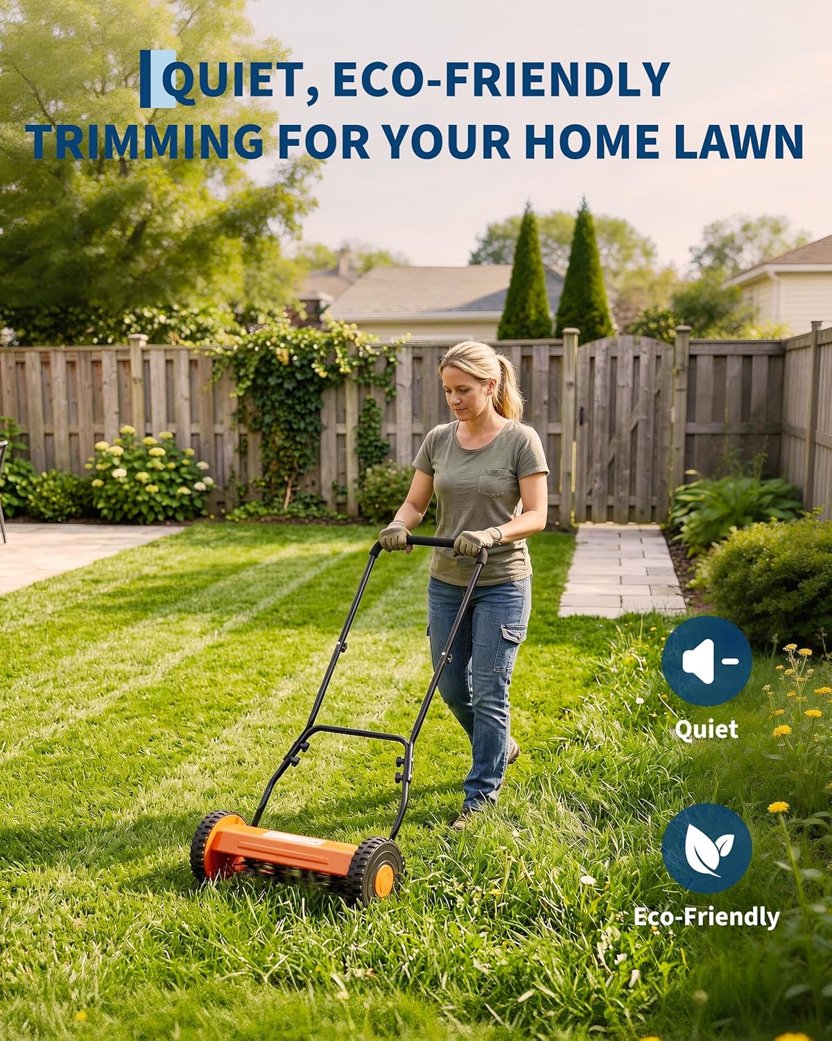 Push Reel Lawn Mower, 14 Inch 5-Blade Manual Reel Lawn Mower, Walk-Behind Lawn Mower with Adjustable Cutting Height, Orange