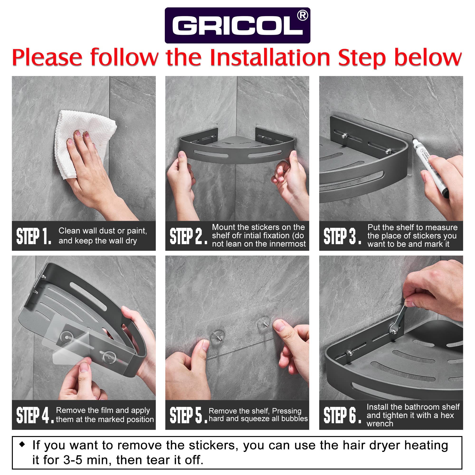 GRICOL Mensola da Doccia Angolare Senza Foratura Mensola Bagno in Metallo con 2 Ganci per Doccia Anti-Ruggine Porta Oggetti da Bagno a Parete 2 Pezzi (Grigio)