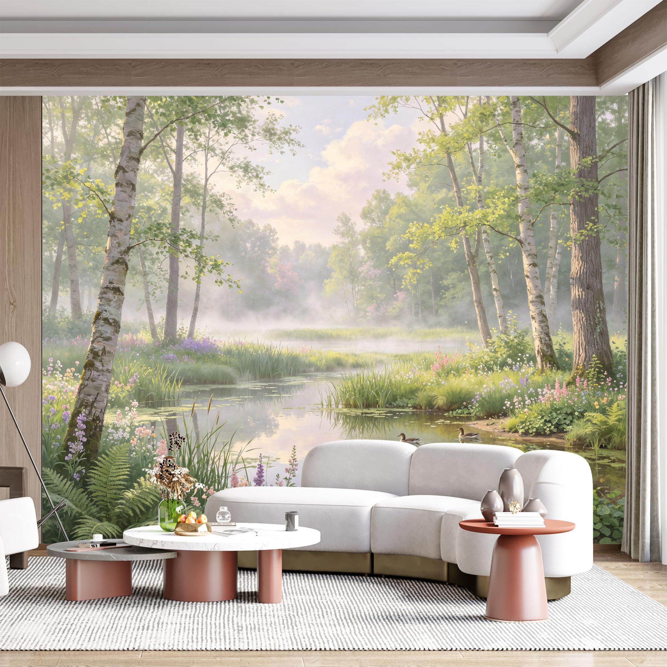 Custom Size Wall Mural Serene Forest Lake Water Landscape Watercolor Floral SelfAdhesive Wall Fabric Removable for Home Office Decor