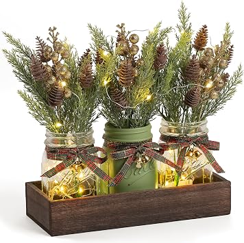 3 Pcs Mason Jar Centerpiece Decorations for Christmas Table Decor Farmhouse Coffee Table Decor Christmas Kitchen and Room Decor,Green