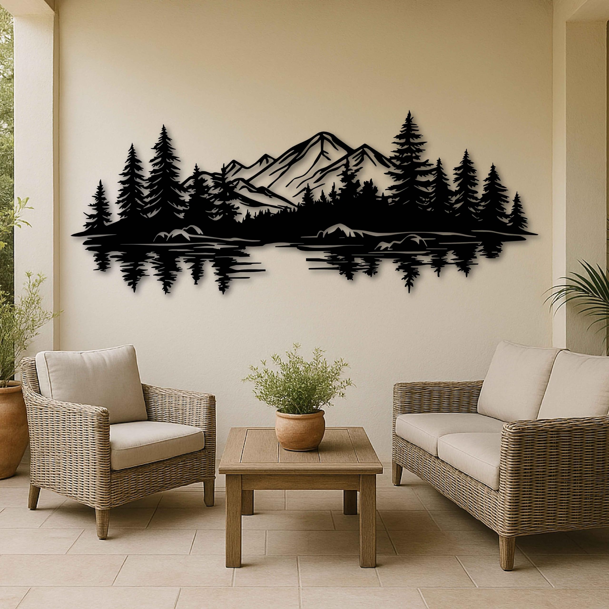 KAWA METALWORKS Decoración de pared de metal de montaña y lago, decoración de pared de paisaje forestal para sala de estar o dormitorio, colgante de pared de cabaña, decoración de pared de granja