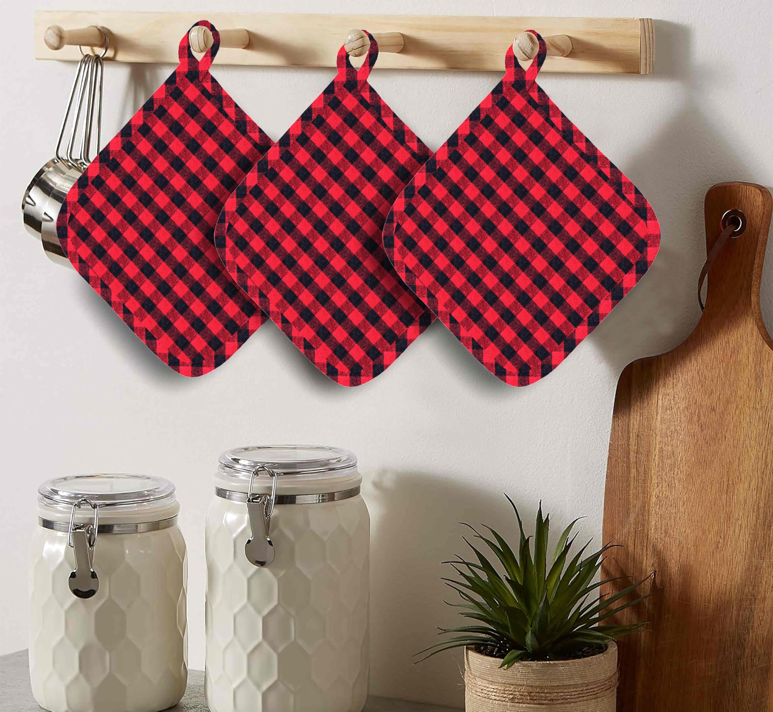 NISSI 100% Cotton Pot Holders, 8x8 inches, Checkered Pattern, 300 GSM, Pack of 3, Gentle Washable(Orange)