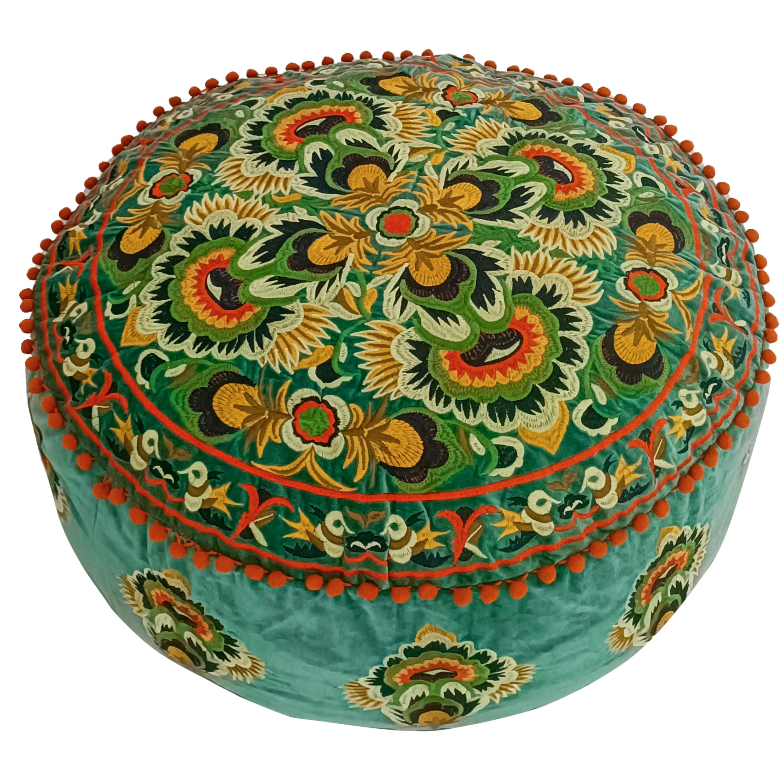Fodera Per Cuscino Rotondo 70 Cm - Pouf Ottomano Ricamato Verde Scuro - Cuscino Da Pavimento Etnico Boho Con Nappe - 3