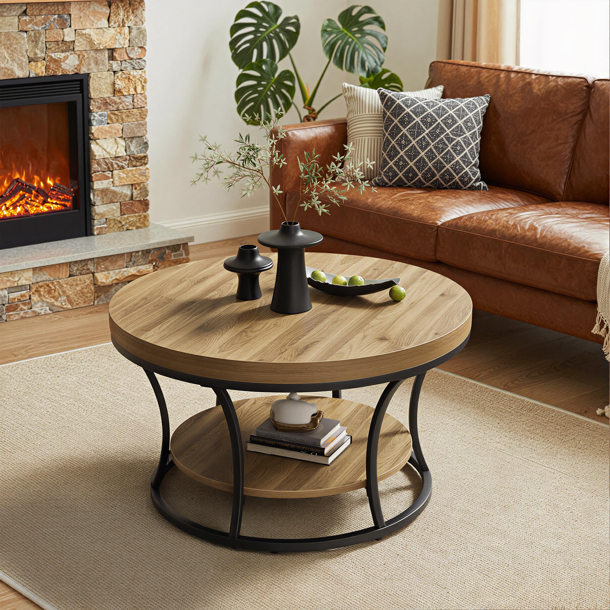 MSFE 2 Niveaux Table Basse Ronde, Table de Salon Bois avec Bureau de 6 cm d'épaisseur, Table d'appoint de Canapé Circulaire, Cadre métallique Robuste,pour Le Salon, la Maison, 80 * 80 * 45cm