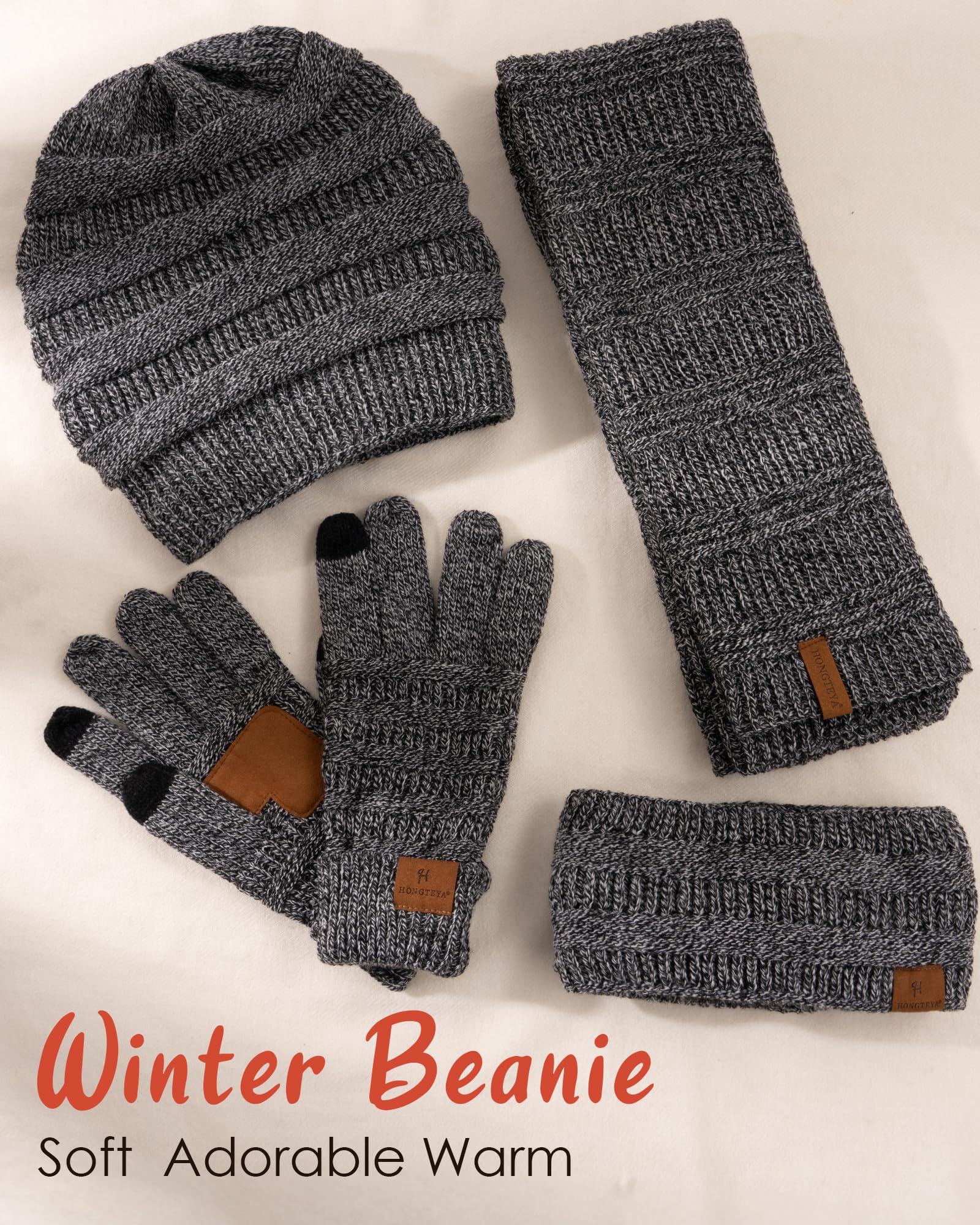 Damen Beanie Schal Handschuhe Stirnband Set Wintermützen Fleece gefüttert Schal Touchscreen Handschuhe Ohrwärmer Strick 4 Geschenk-Set