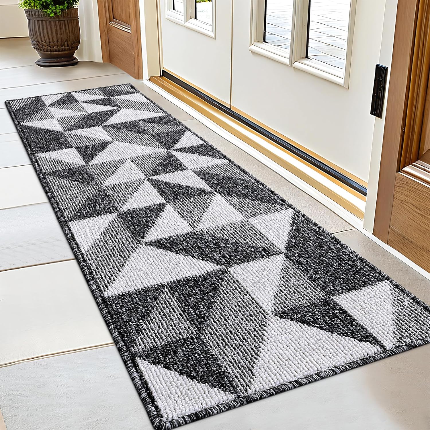 OLANLY Door Mat Indoor Entrance 59x20, Washable Runners for Hallway, Absorbent, Low-Profile Doormat, Geometric Design, Resists Dirt and Moisture, Sturdy Floor Mat for Kitchen, Bedroom, Office, Black