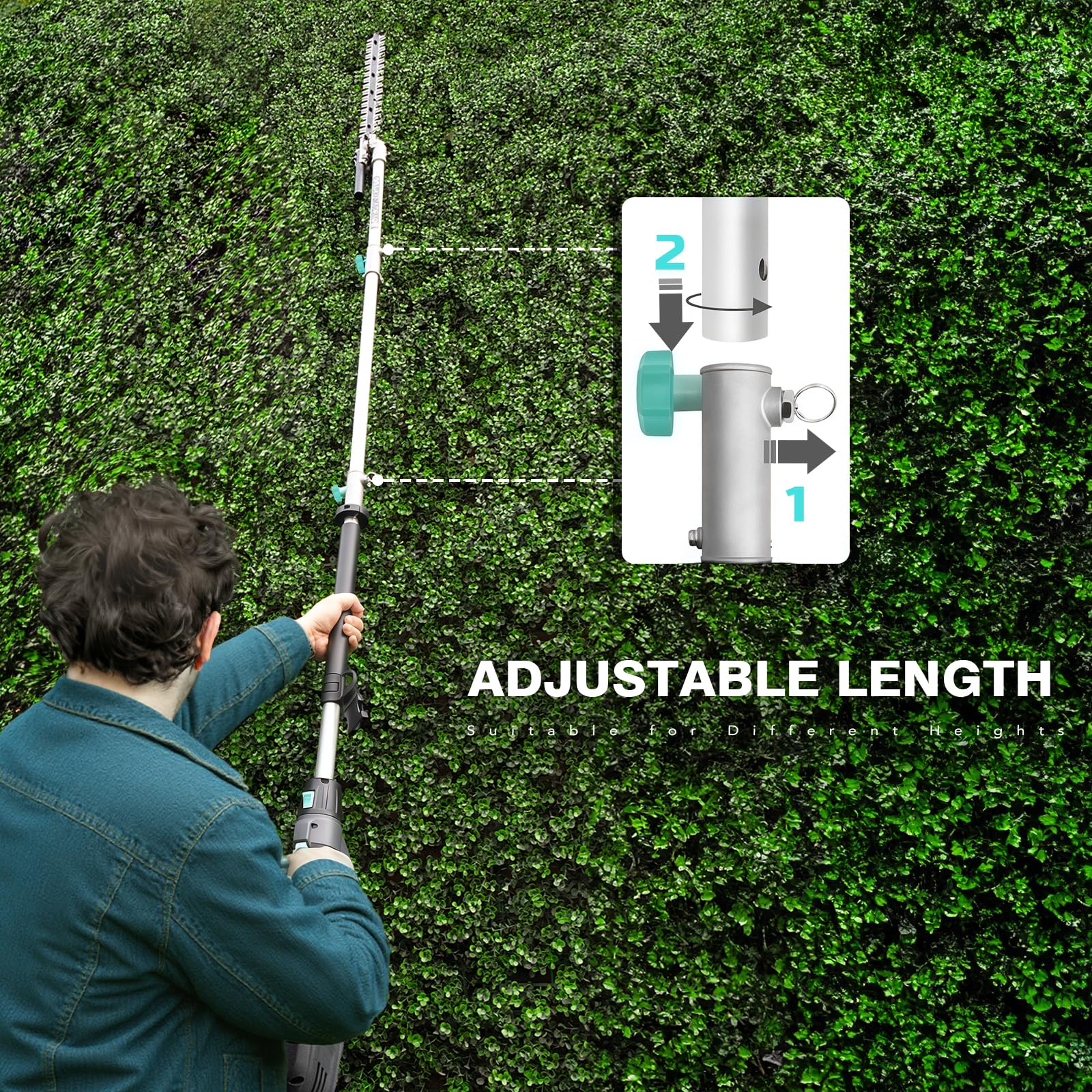Bluemars Cortasetos de poste resistente de 1100 W, cortador telescópico extensible de 2,6 m de largo alcance para setos, arbustos, ramas, arbustos, cable de 10 m, cabezal ajustable, cuchillas de doble