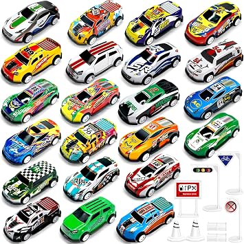 22Pcs Toy Cars with 8 Roadblock, Metal Shell Race Car Set for Kids, Mini Pull Back Playset, Micro Machines Vehicles Toys, Christmas Birthday Party Gifts for 3 4 5 6 7 8 Year Old Boys & Girls