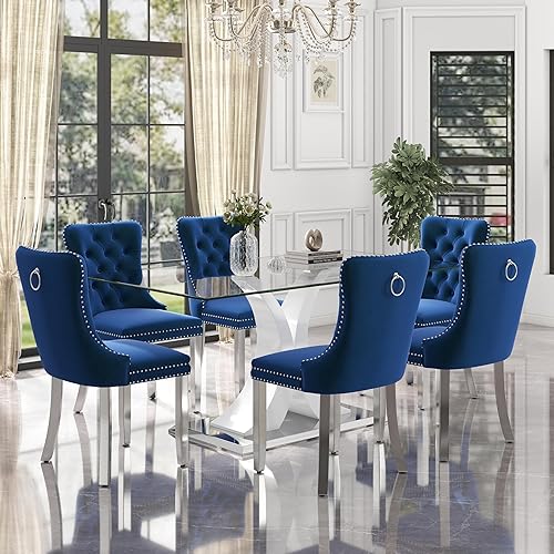 Miniatura 40 de Juego de mesa de comedor moderno de vidrio para 4, mesa de 160 cm de vidrio templado con base dorada estética y 4 sillas de comedor lujosas azules y