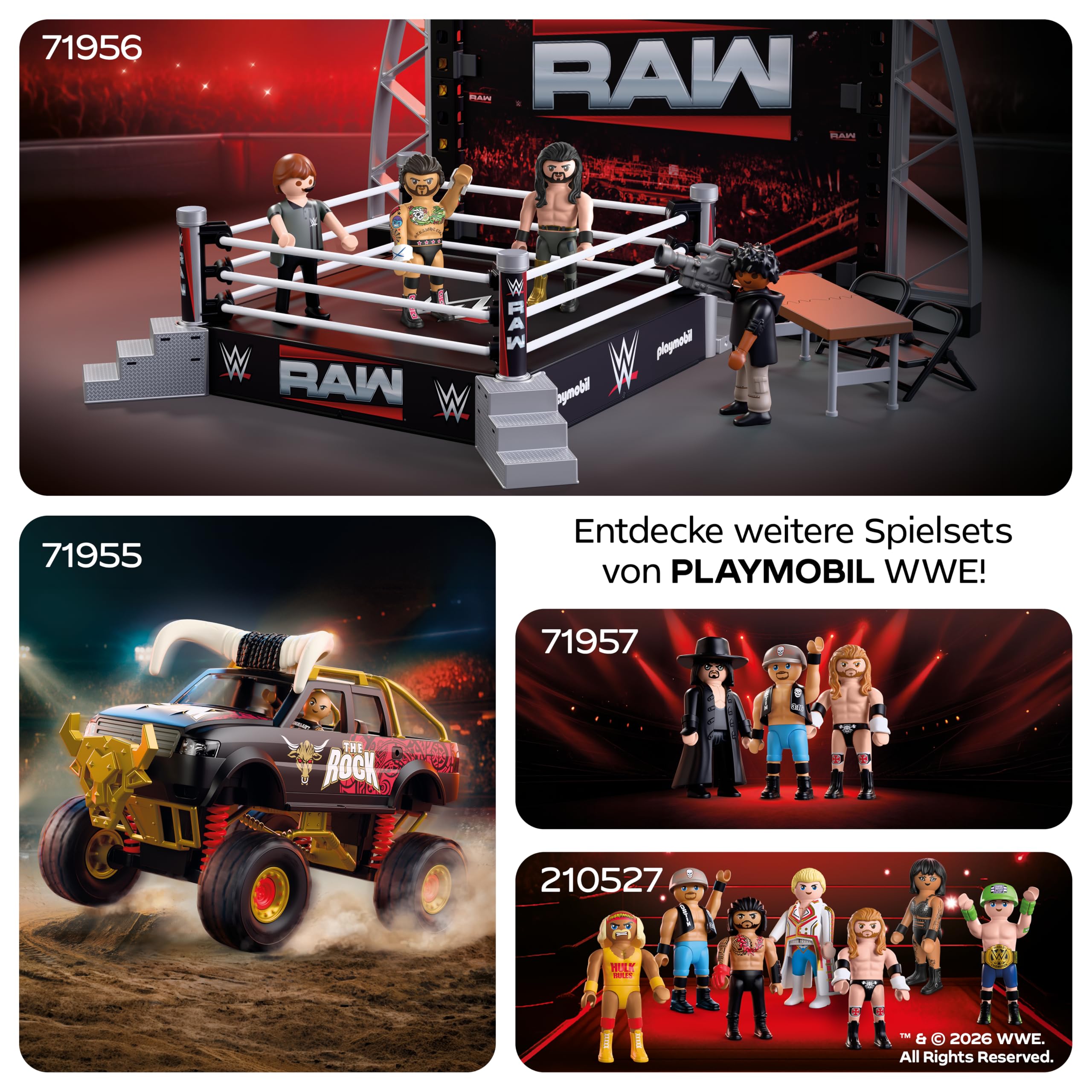 PLAYMOBIL | WWE® | RAW Ring Collectors Set | Wrestling‑Ring mit cm Punk, Seth Rollins, Ringrichter, Kameramann & Zubehör | Für Fans ab 5 Jahren | 71956