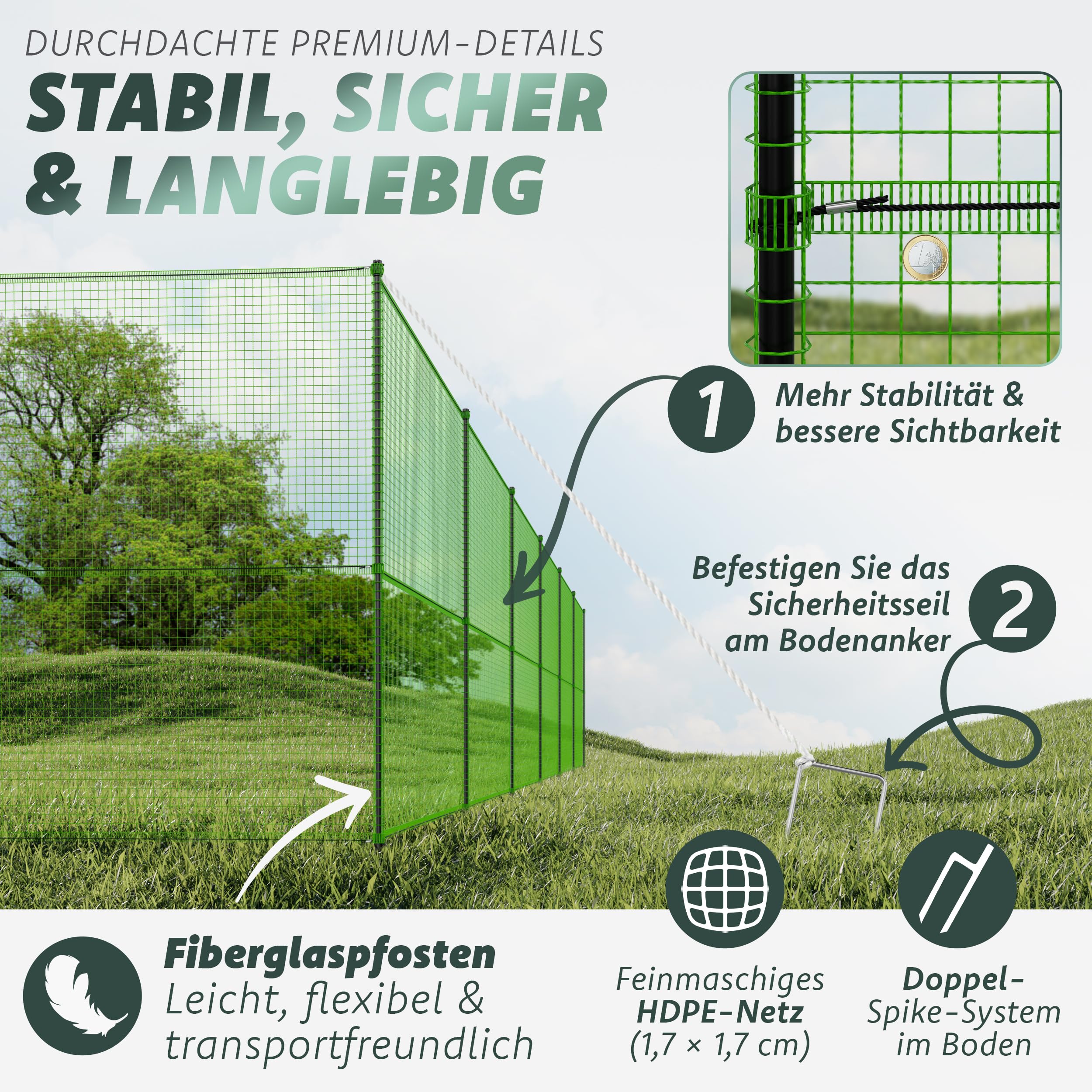 Mobiler Steckzaun 15m x 90cm – Hundezaun, Hühnerzaun, sofort startklar | Kleintiere & Geflügel – Double-Spike – Komplettset inkl. Zubehör – Begrenzungszaun Gartenzaun, Camping & Urlaub – Stromfrei