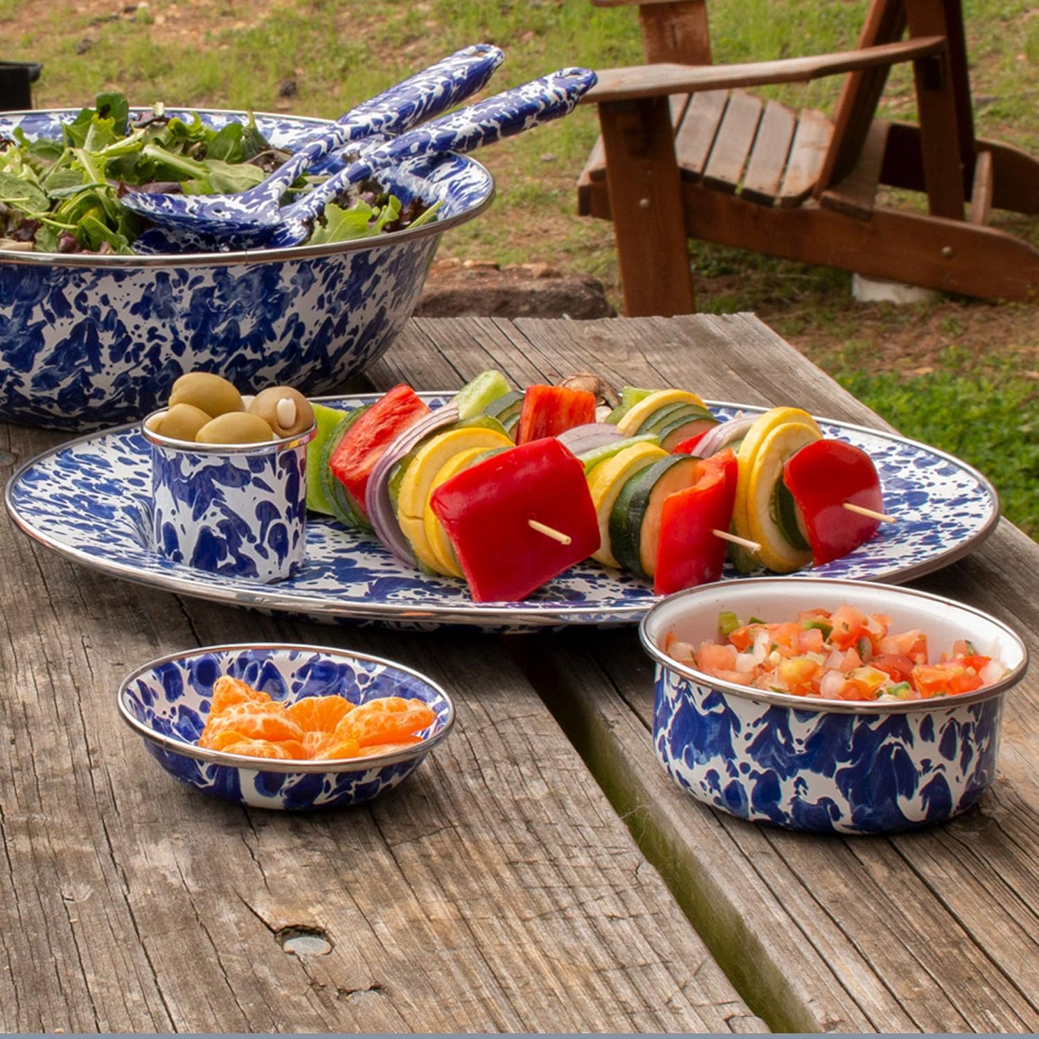 Set of 4 Blue Enamel Swirl Ceramic Soup Bowls