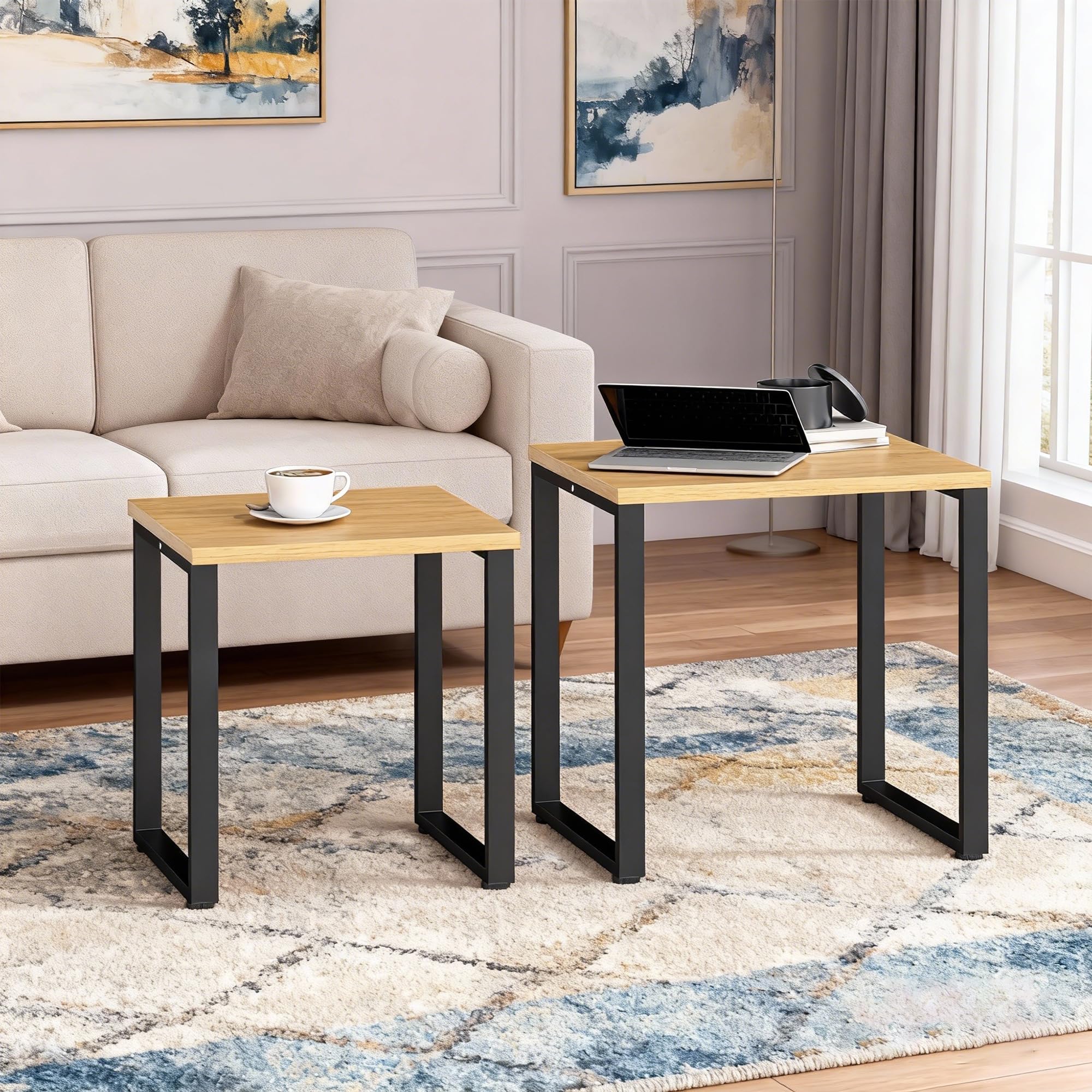 HOMCOM Couchtisch Satztisch mit Metallrahmen für Wohnzimmer Natur