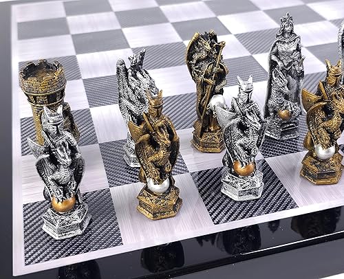 King Arthur Dragon Medieval Times - Juego de ajedrez de 18 pulgadas, tablero de color negro y fibra de carbono