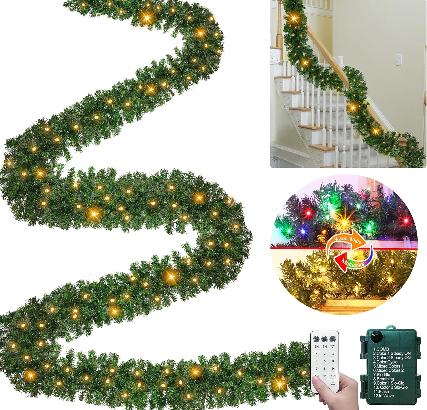 Remote Control 18 Ft Extra Long Prelit Christmas Garland Outdoor 100 Warm White & Multicolor Light 12 Mode Timer Real Touch Cedar Garland Battery Operated 600 Branch Christmas Decoration Stairs Mantle