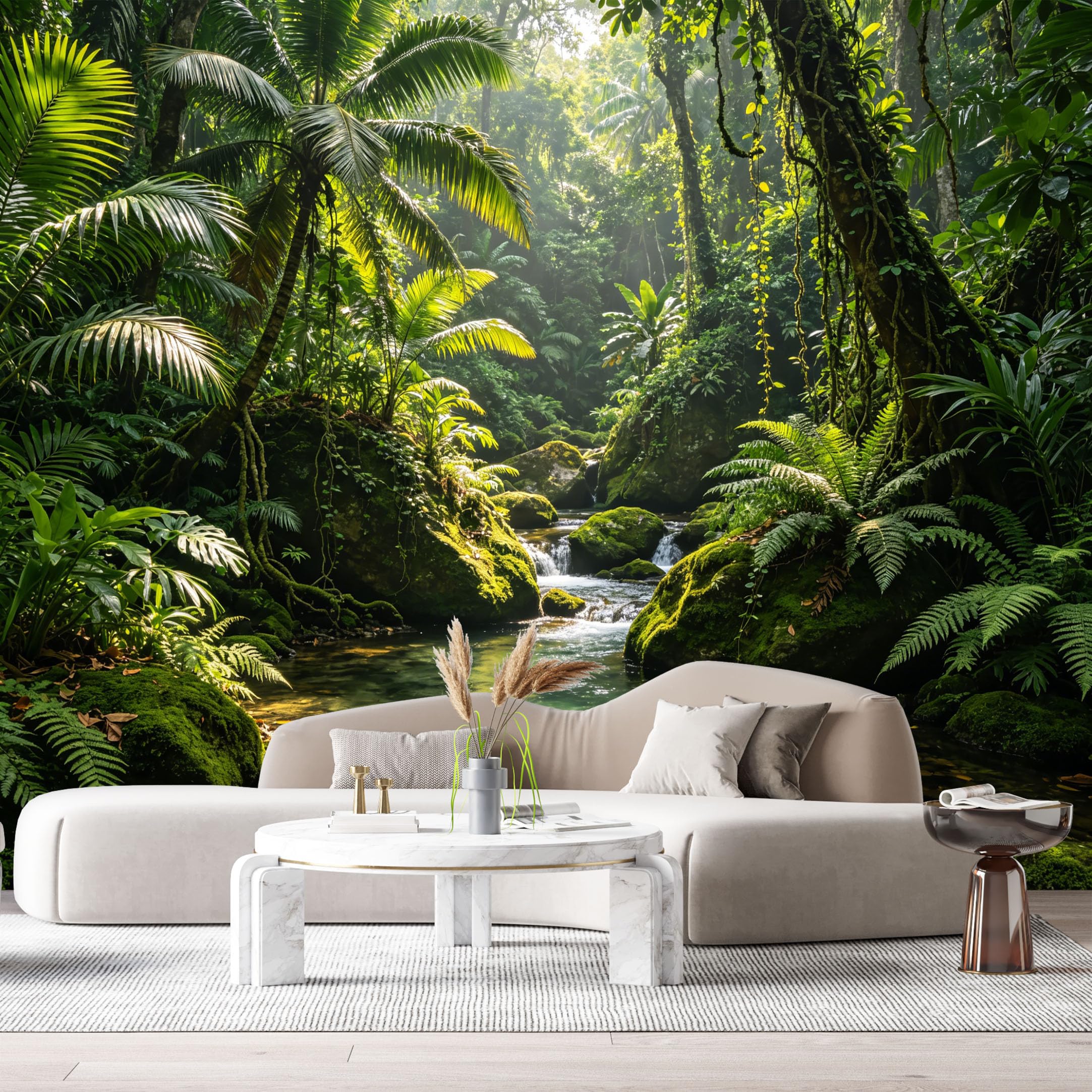 Custom Size Wall Murals Tropical Rainforest Stream Landscape Botanical Palm Trees SelfAdhesive Wall Fabric Removable Large Wallpaper for Photo Living Room