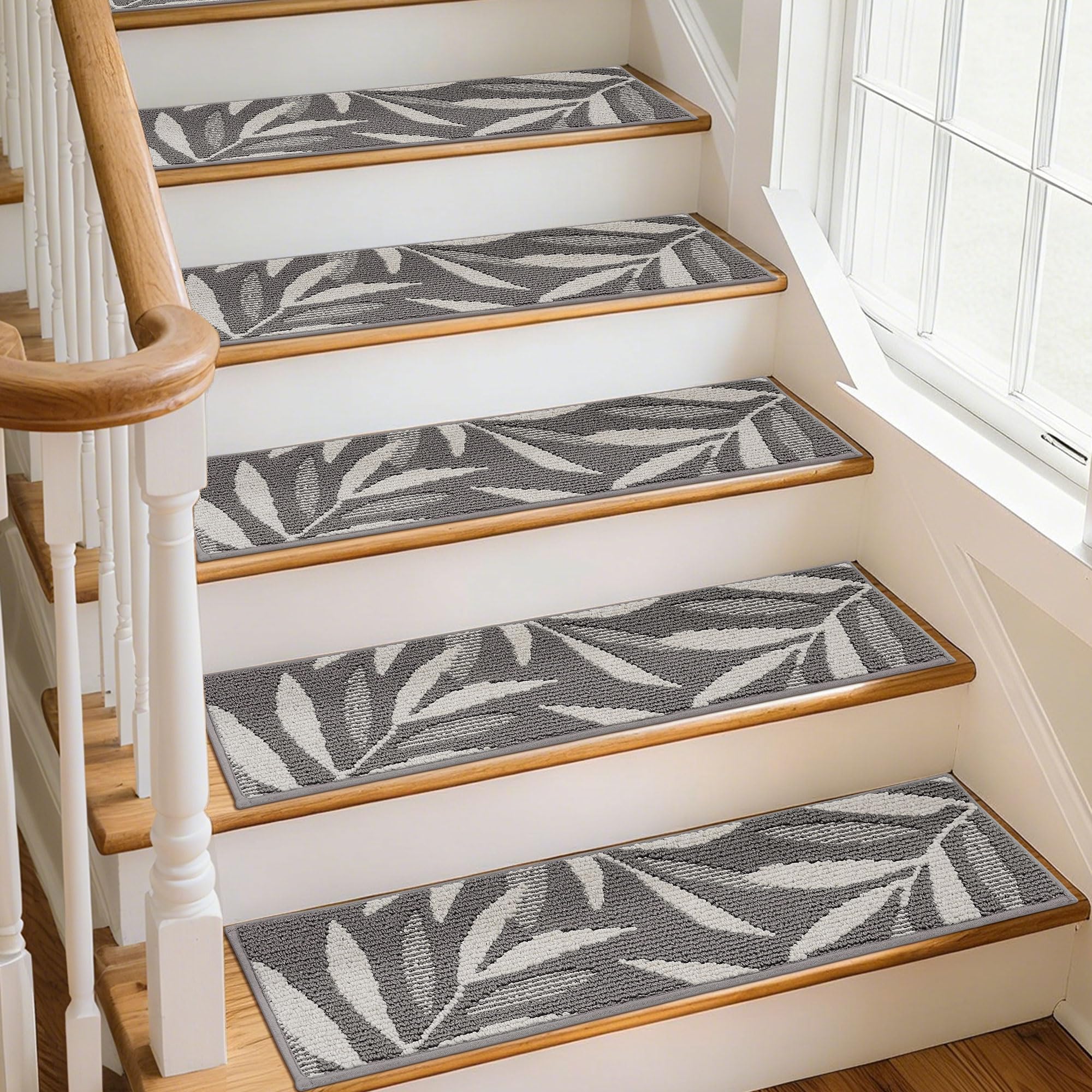 JSEI tappeti per Scale Antiscivolo con Motivo a Foglie, 4 Pezzi, 22 x 71 cm, Lavabili e autoadesivi, Grigio