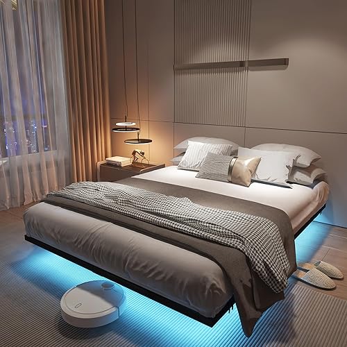 Miniatura 8 de Marco de Cama Flotante Full Size con Estación de Carga y Luces LED, Marco de Cama de Plataforma de Metal, No Necesita Somier, Fácil Montaje, (Full)