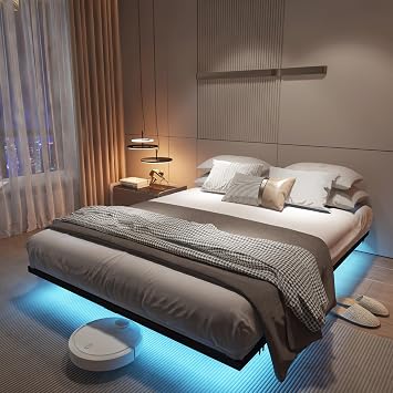 Floating Bed Frame Queen Size with Charging Station and LED Lights, Metal Queen Platform Bed Frame, 1000 lbs Capacity,No Box Spring Needed, Easy Assembly, (Queen)