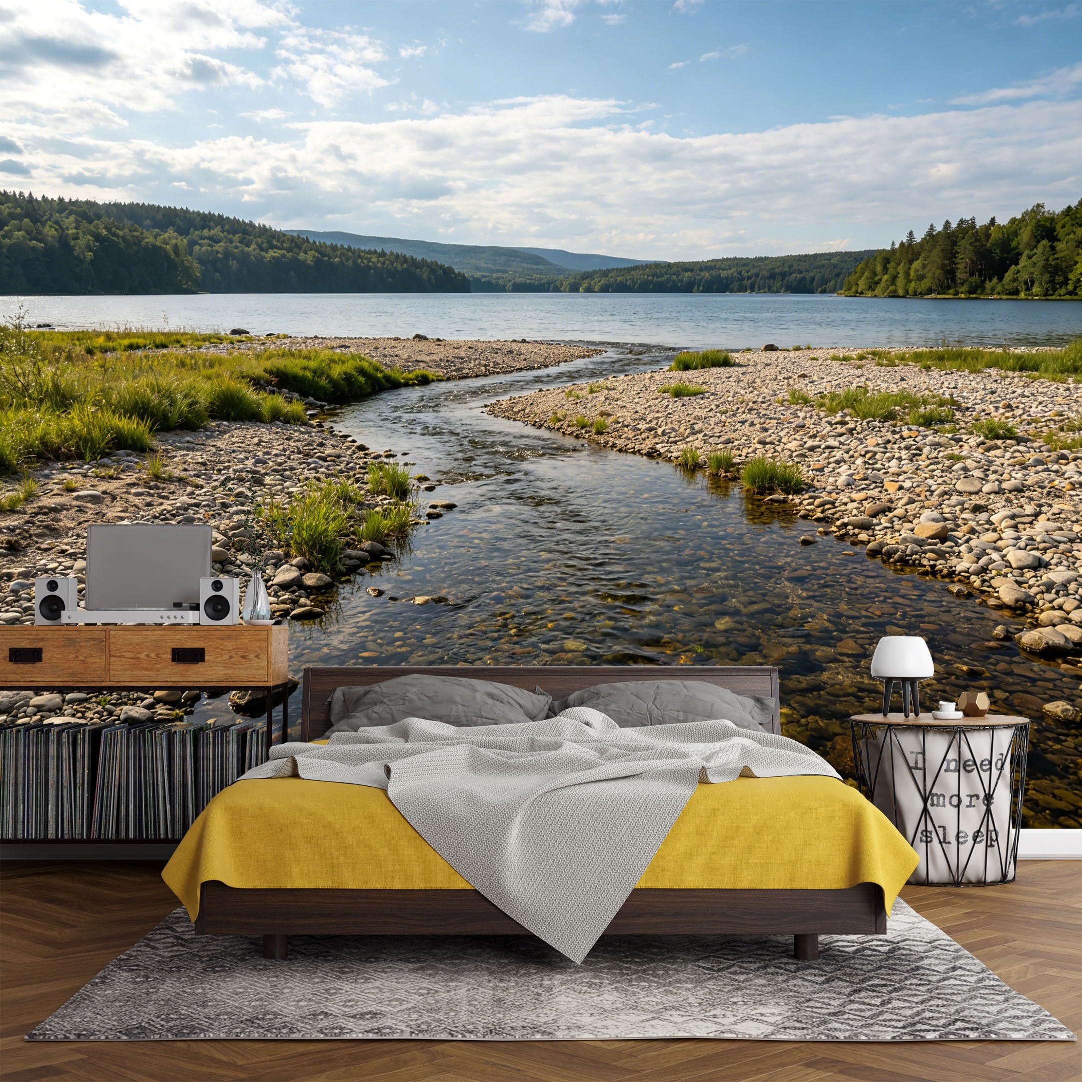 Custom Size Wall Mural， Mountain Lake River Pebble Shore Landscape，SelfAdhesive Art Prints wall Fabric（No PVC） Removable Wallpaper Living Room Decor