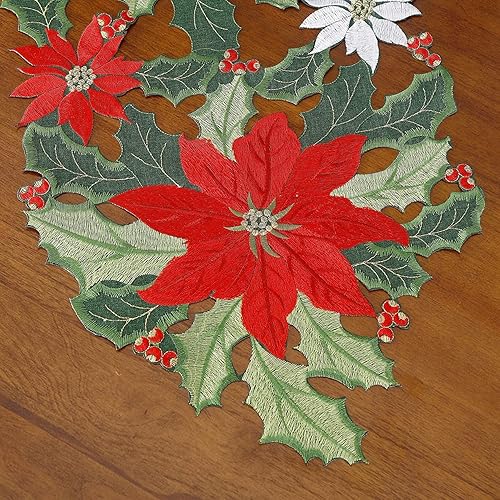 Miniatura 4 de GRANDDECO Camino de mesa navideño para fiestas de granja bordadas con flores rojas de Navidad, bufandas, decoración de mesa para el hogar, cocina,