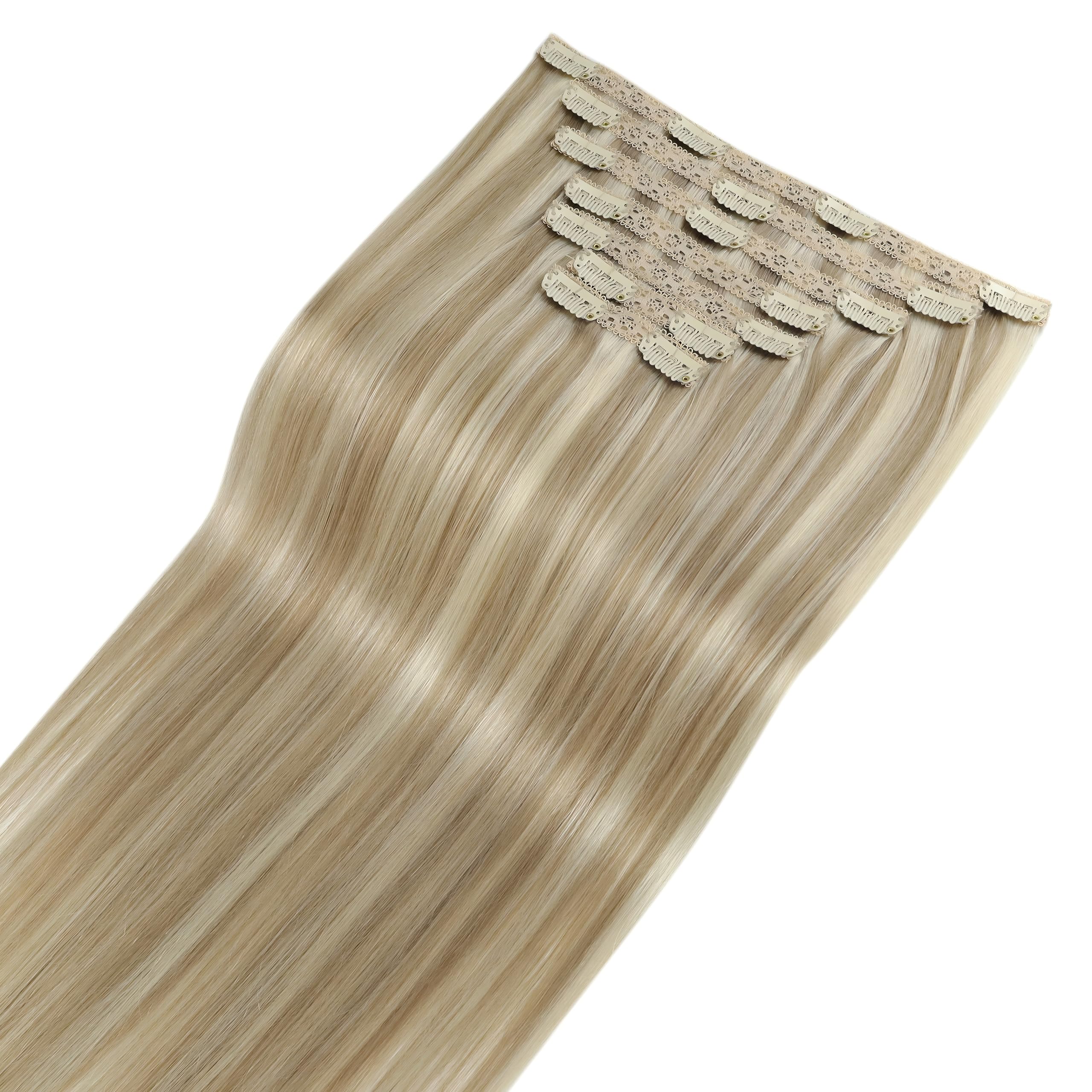 Fshine Clip in Extensions Echthaar Aschblond mit Goldblonden 45 cm 120 g | Hair Extensions Clip in, Schnell einsetzbar, ohne zusätzliche Werkzeuge, Anfängerfreundlich, natürliche Haarintegration