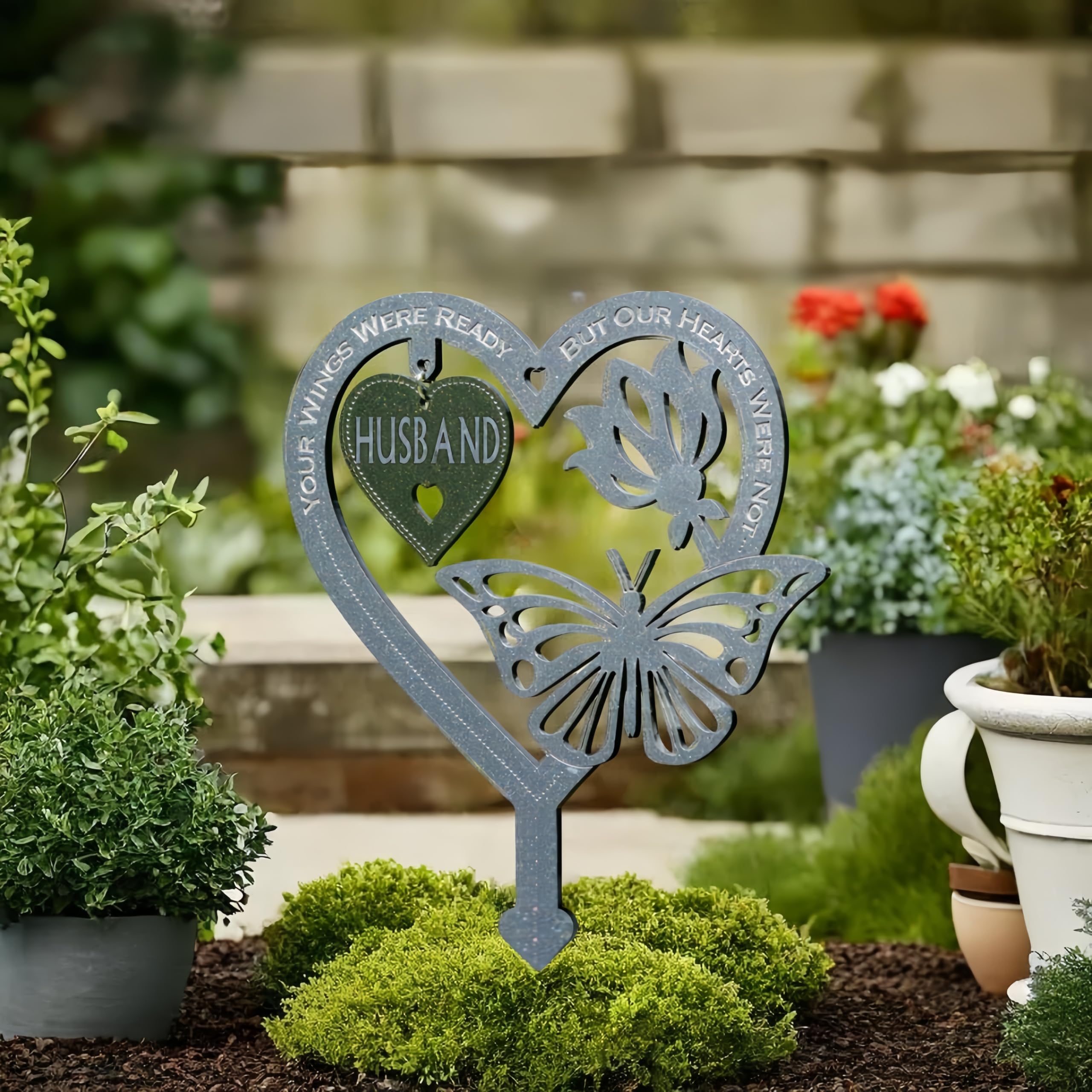 Garden Memorial Plaque for Husband Grave Memorial Stake marker Ornament Husband Weatherproof Inserted Stakes Yard Sign Garden Heart Shaped With Butterfly Flower Garden Signs Present - Image 3