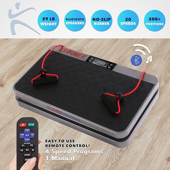 VX-Power Slimplate Digital - Vibration Plate Whole Body Oscillating Vibration Platform Exercise Machine w/ Resistance Bands for Home Cardio, Shaping, Toning & Fitness, Bluetooth Speakers